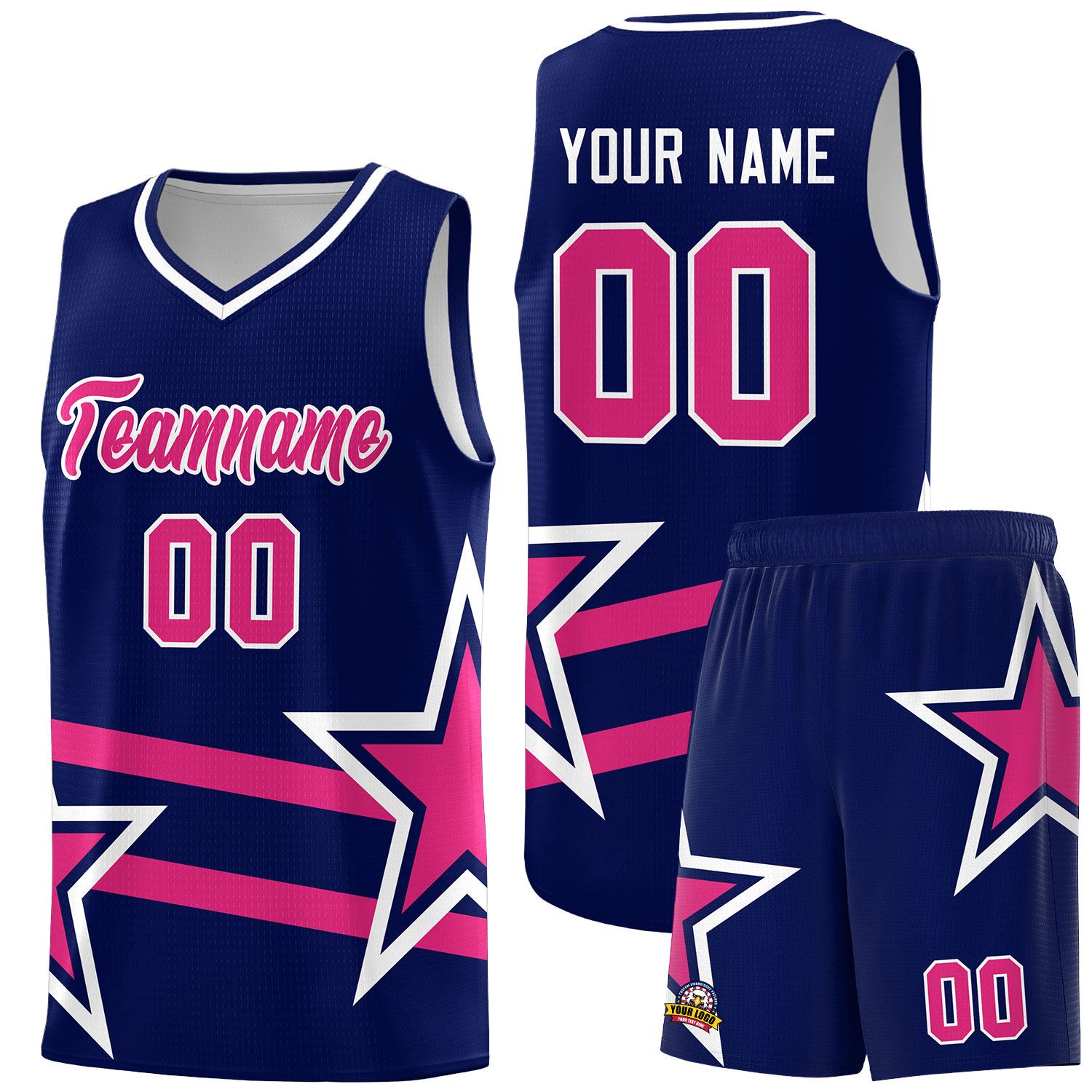 Custom Navy Basketball Kits With Rose Red Star Pattern And Double Lines