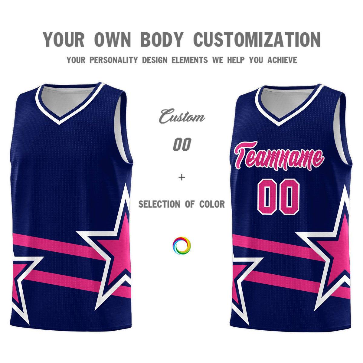 Custom Navy Basketball Kits With Rose Red Star Pattern And Double Lines