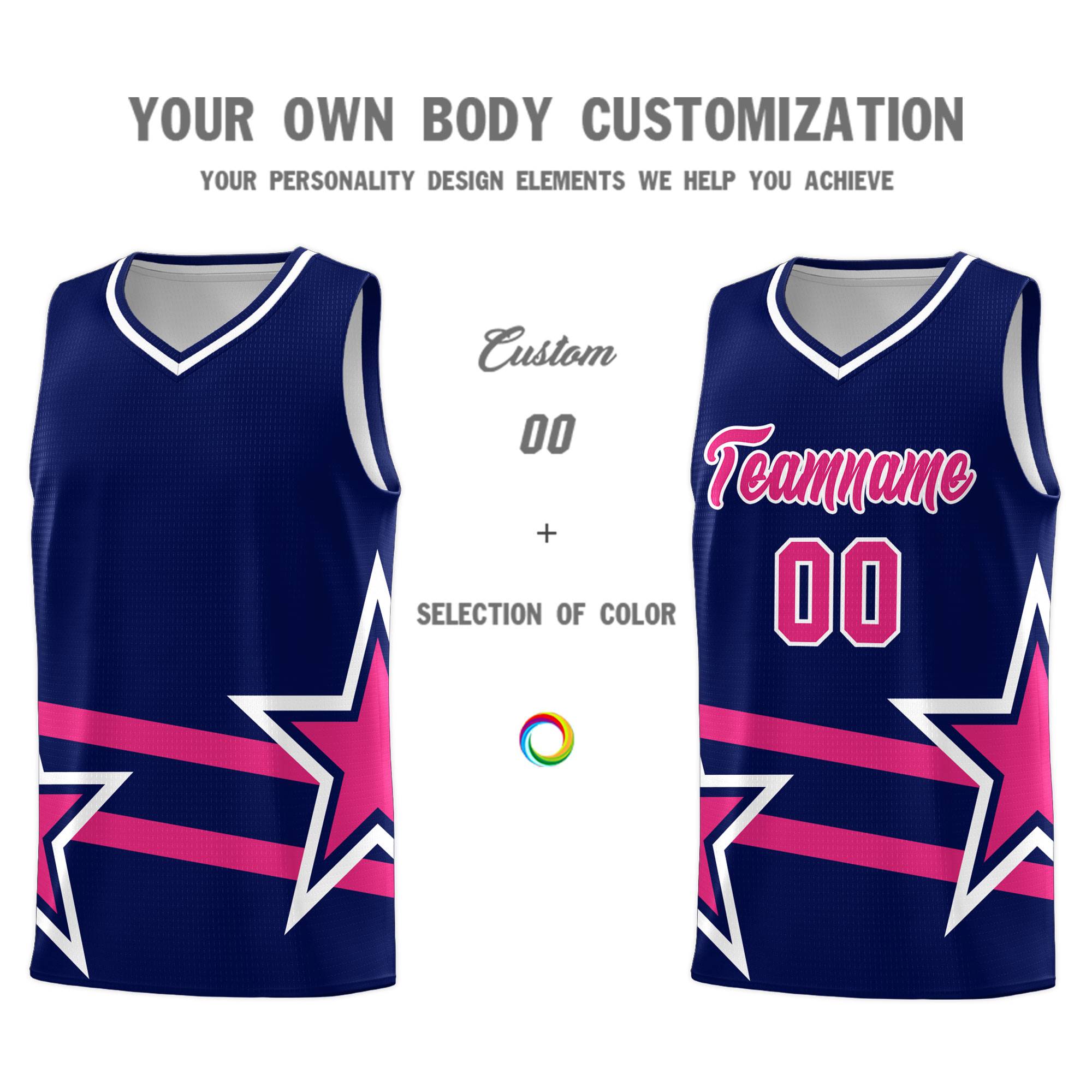 Custom Navy Basketball Kits With Rose Red Star Pattern And Double Lines