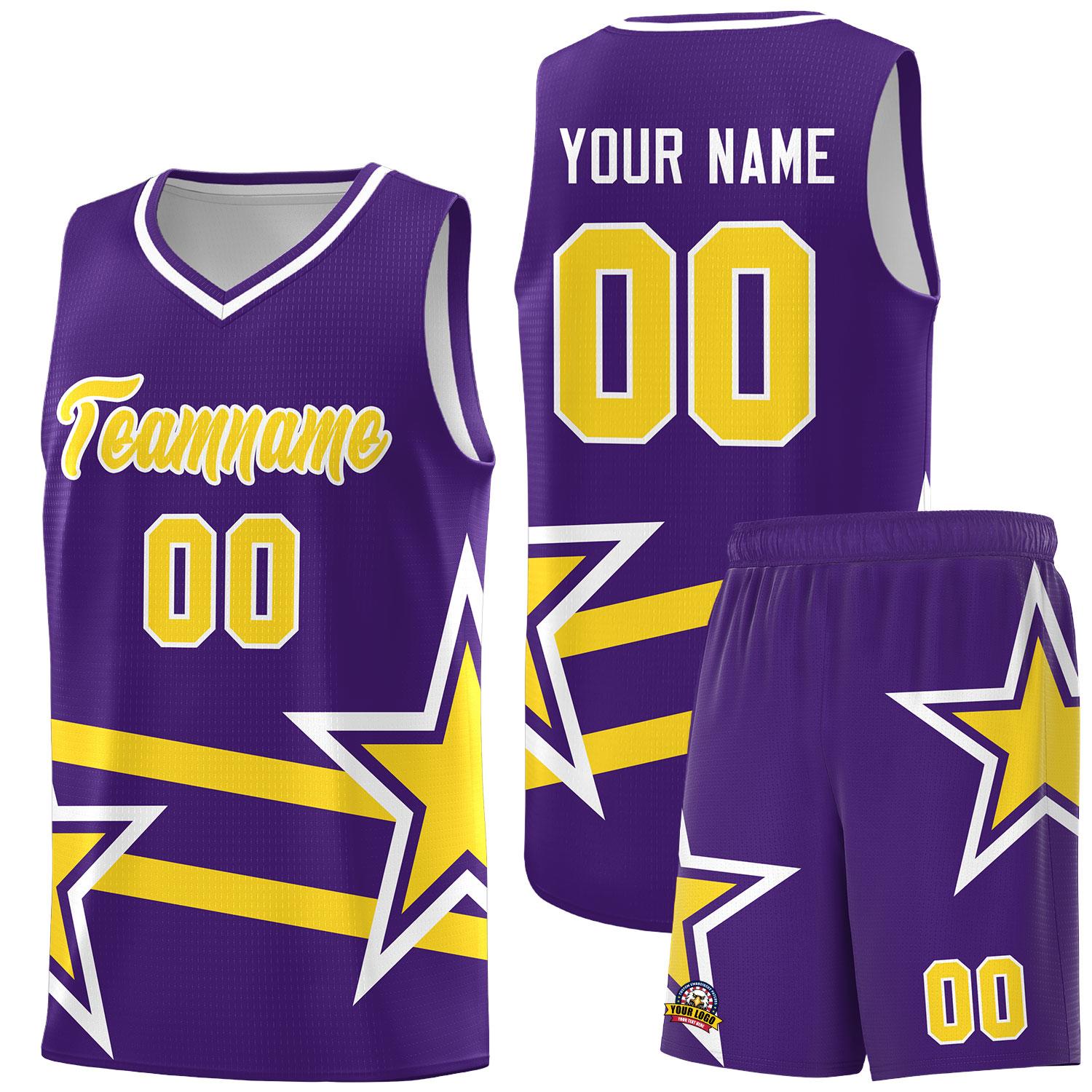 Custom Purple Basketball Kits With Gold Star Pattern And Double Lines