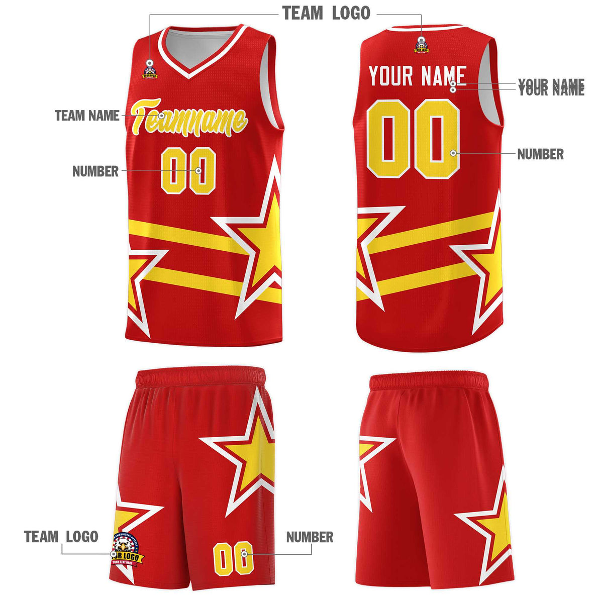 Custom Red Basketball Kits With Gold Star Pattern And Double Lines