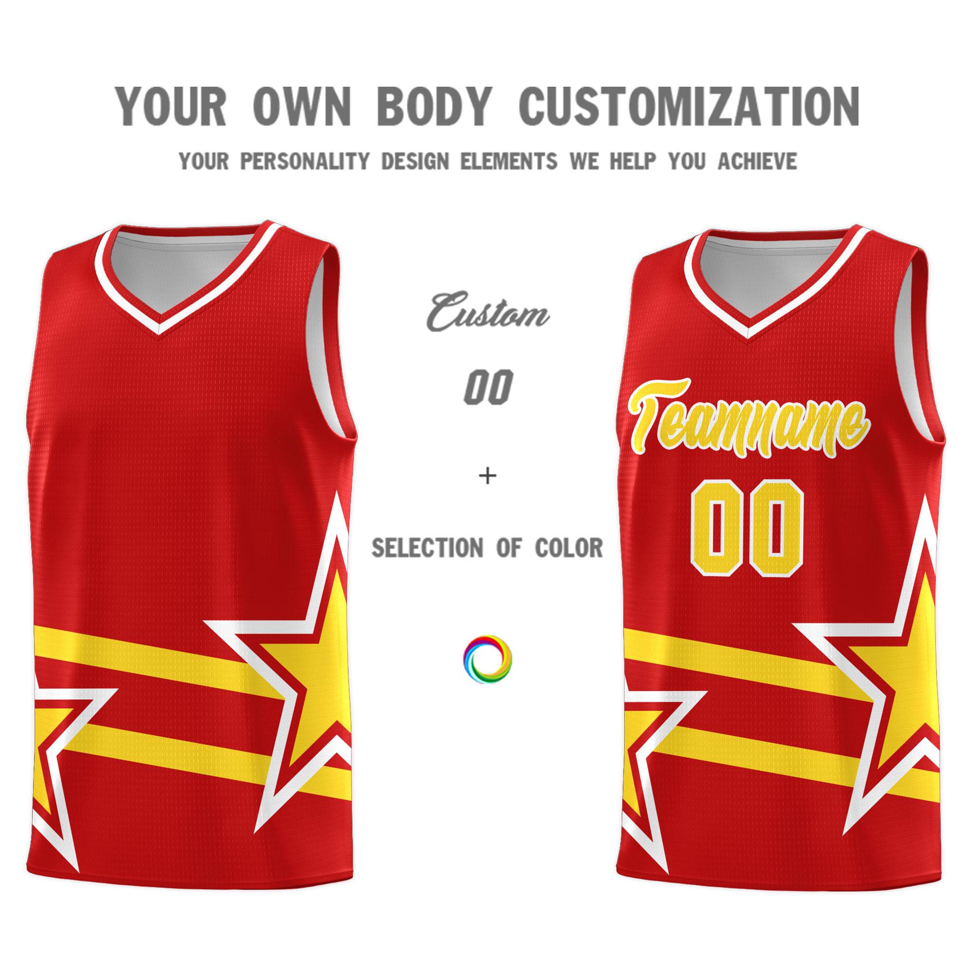 Custom Red Basketball Kits With Gold Star Pattern And Double Lines