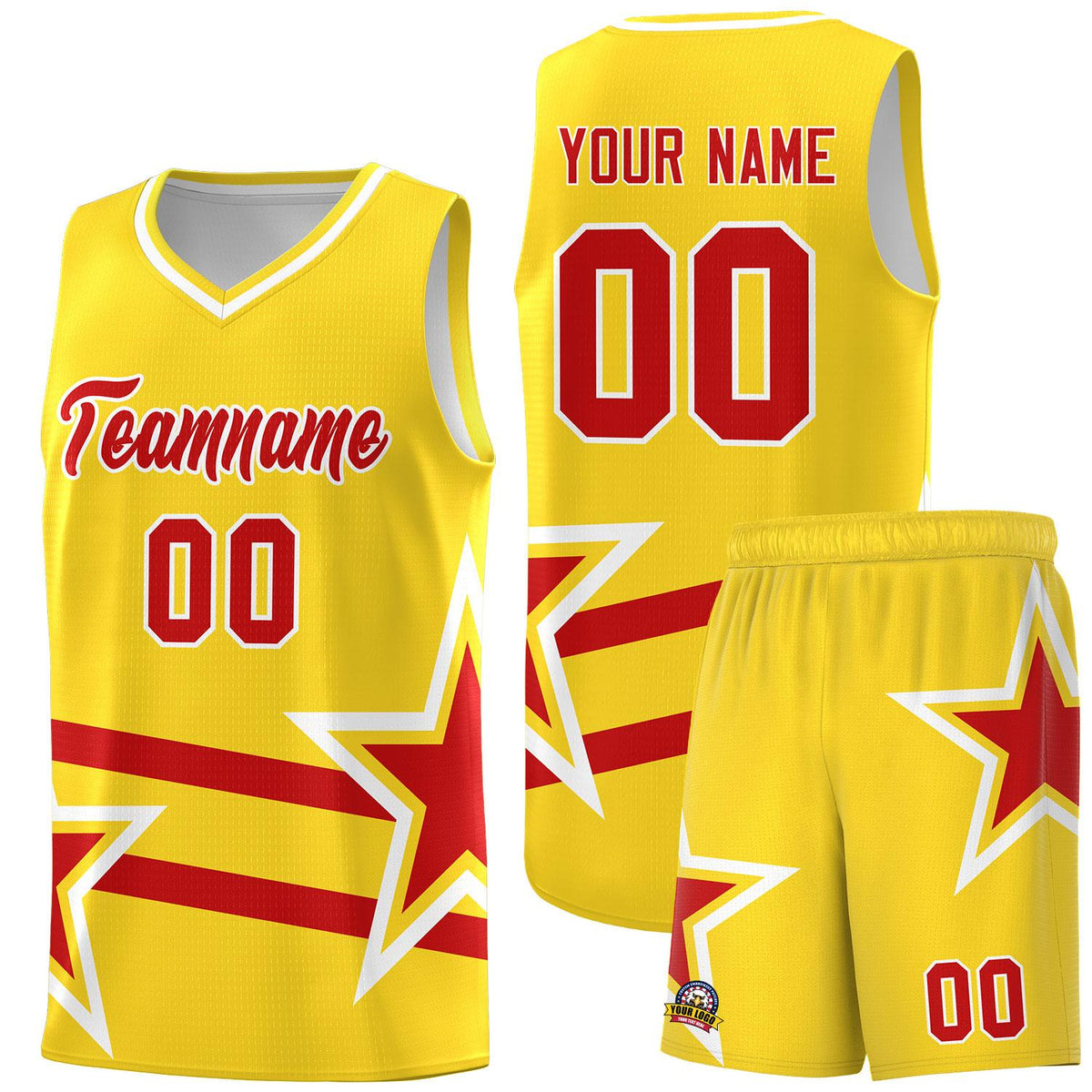Custom Gold Basketball Kits With Red Star Pattern And Double Lines