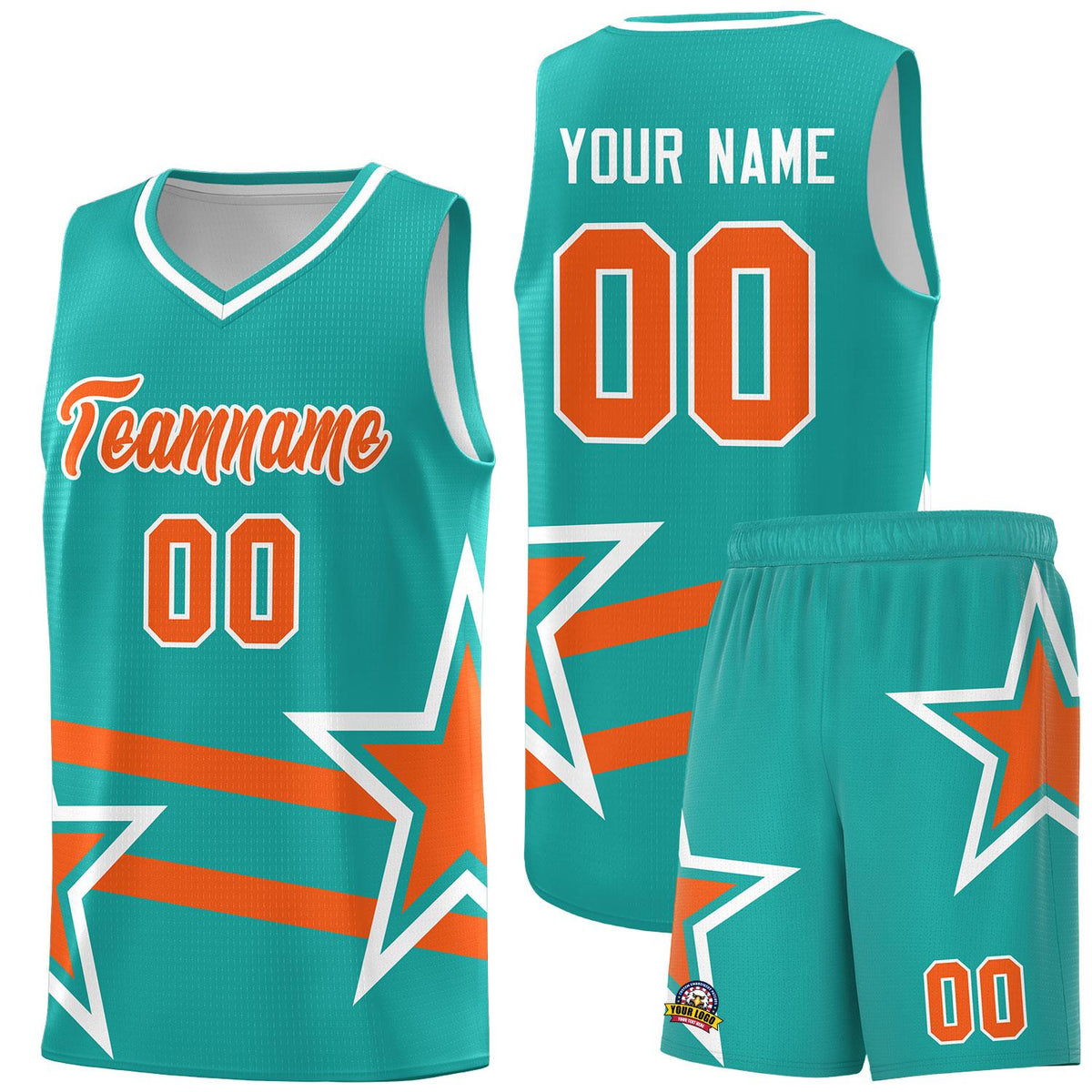 Custom Aqua Basketball Kits With Orange Star Pattern And Double Lines
