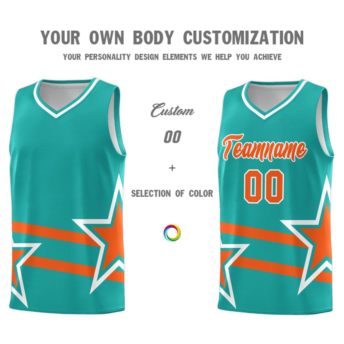 Custom Aqua Basketball Kits With Orange Star Pattern And Double Lines
