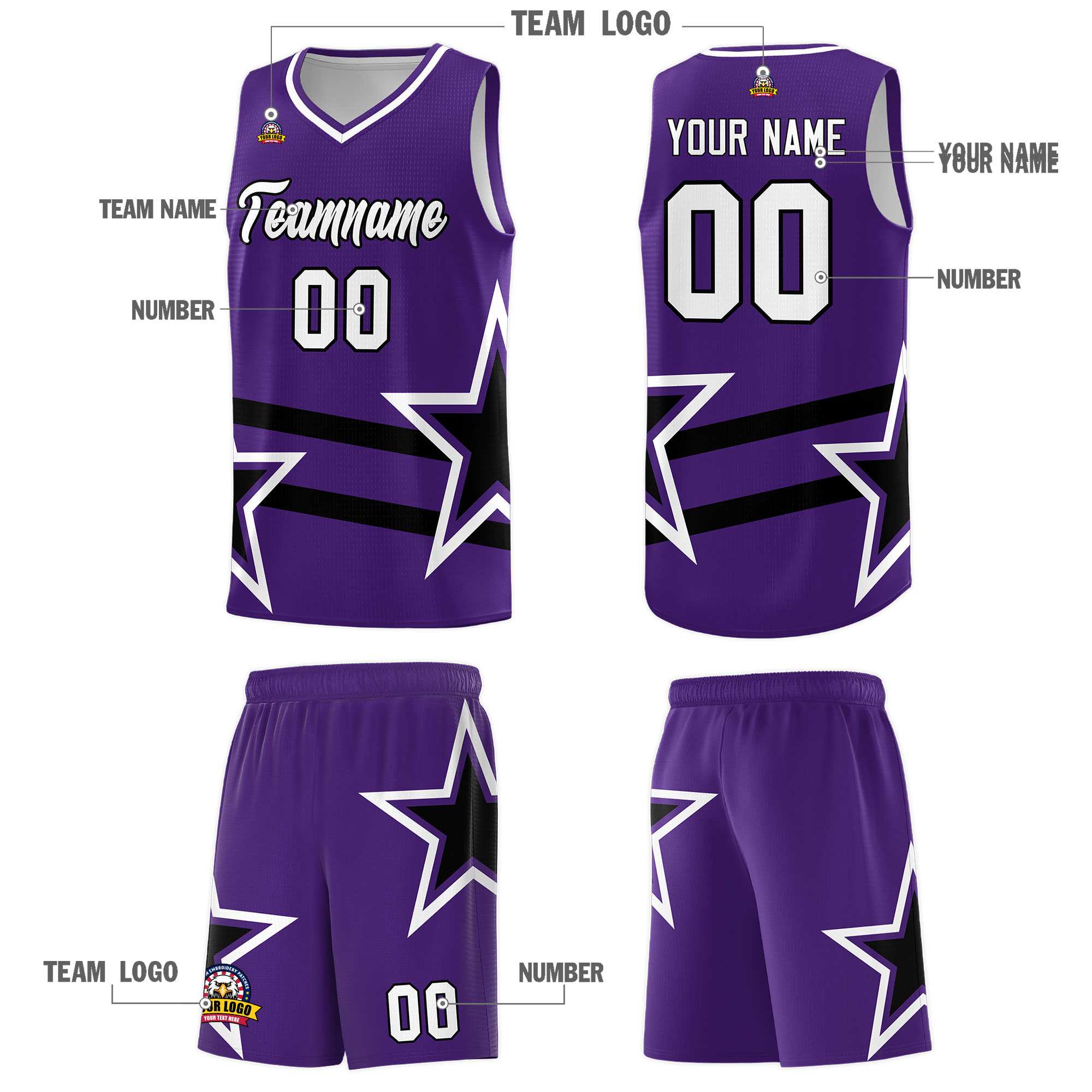 Custom Purple Basketball Kits With Black Star Pattern And Double Lines
