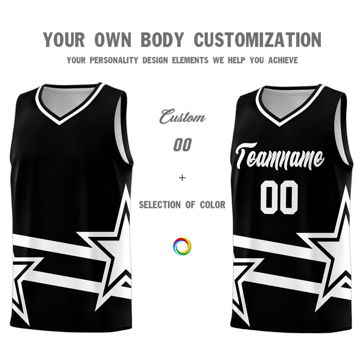 Custom Black Basketball Kits With White Star Pattern And Double Lines