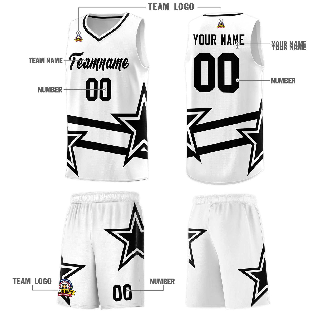 Custom White Basketball Kits With Black Star Pattern And Double Lines
