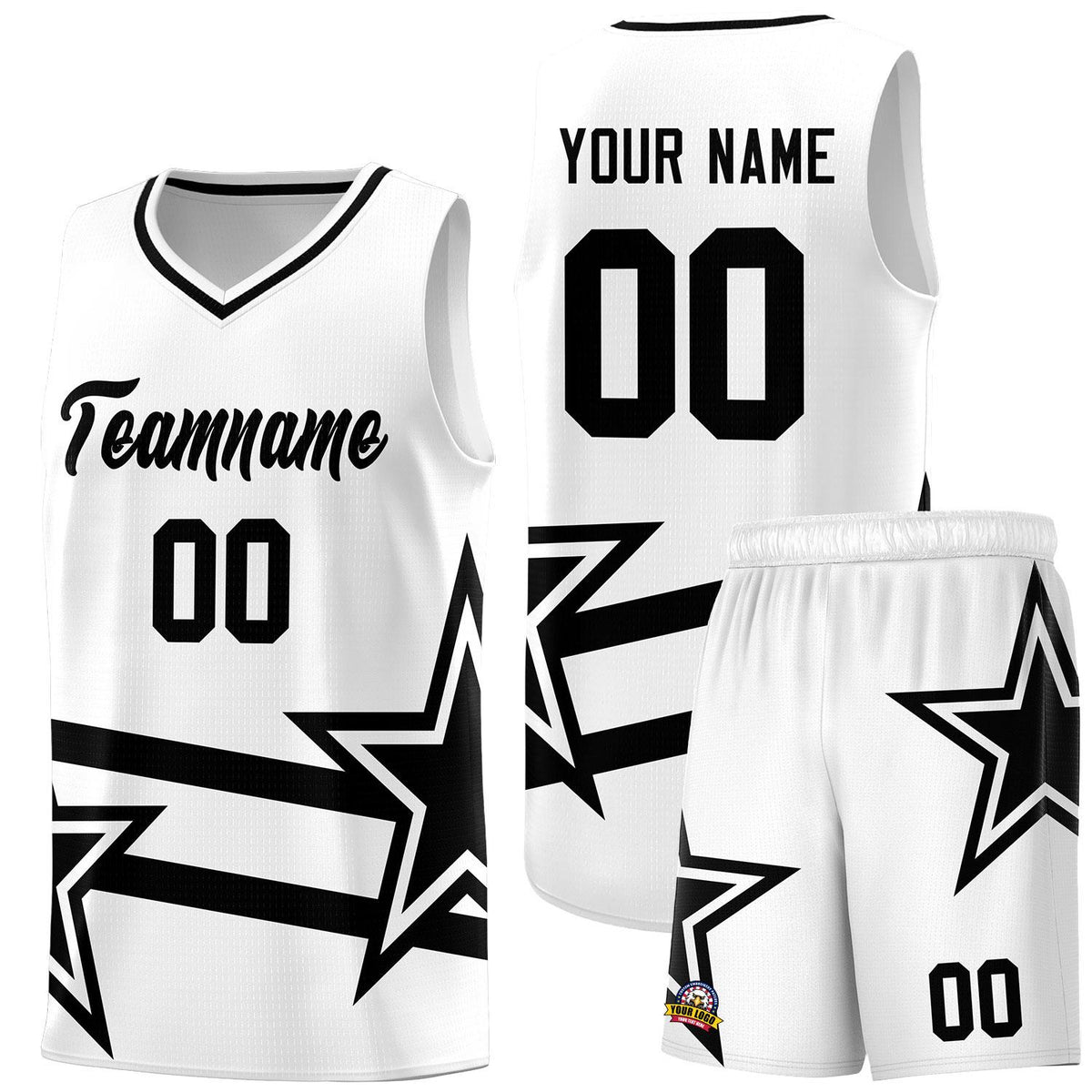 Custom White Basketball Kits With Black Star Pattern And Double Lines