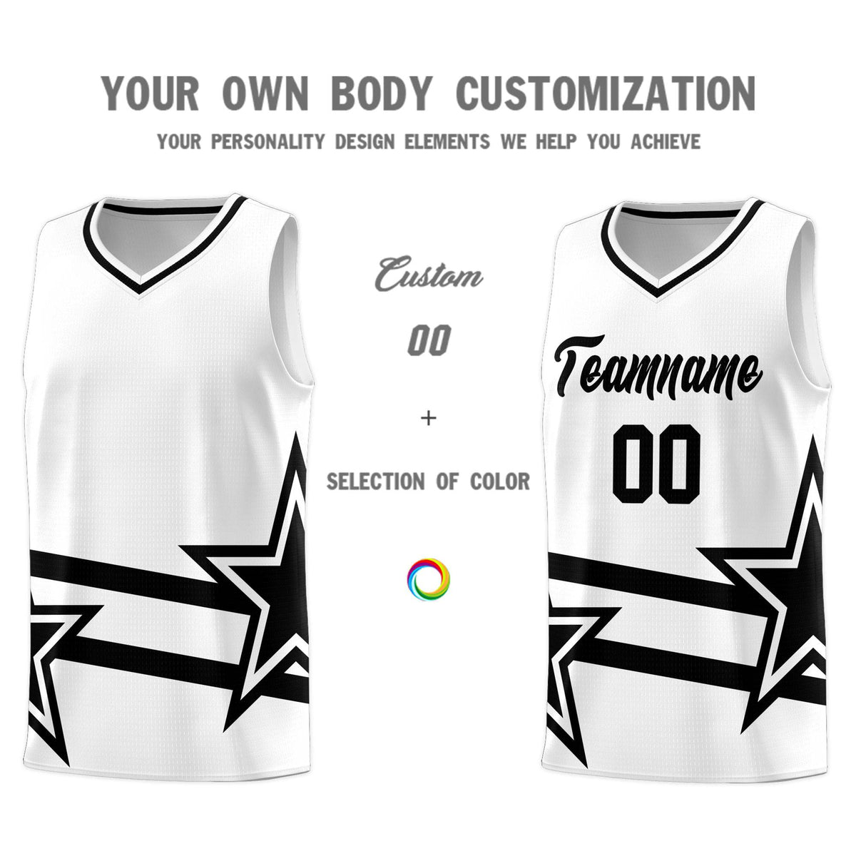 Custom White Basketball Kits With Black Star Pattern And Double Lines