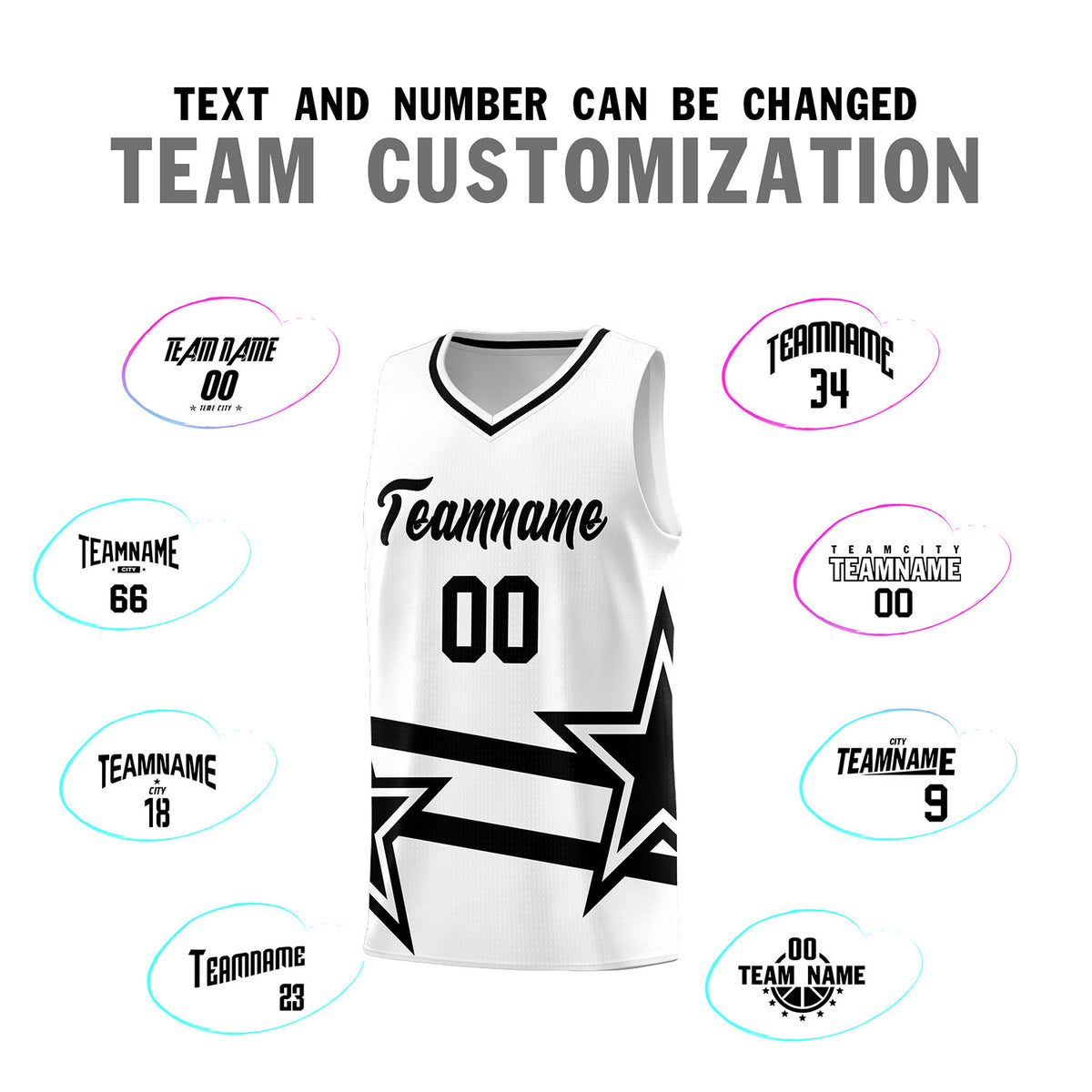 Custom White Basketball Kits With Black Star Pattern And Double Lines