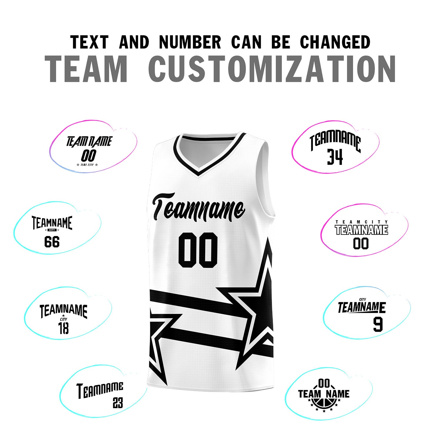 Custom White Basketball Kits With Black Star Pattern And Double Lines