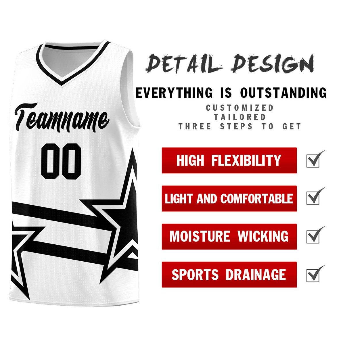 Custom White Basketball Kits With Black Star Pattern And Double Lines
