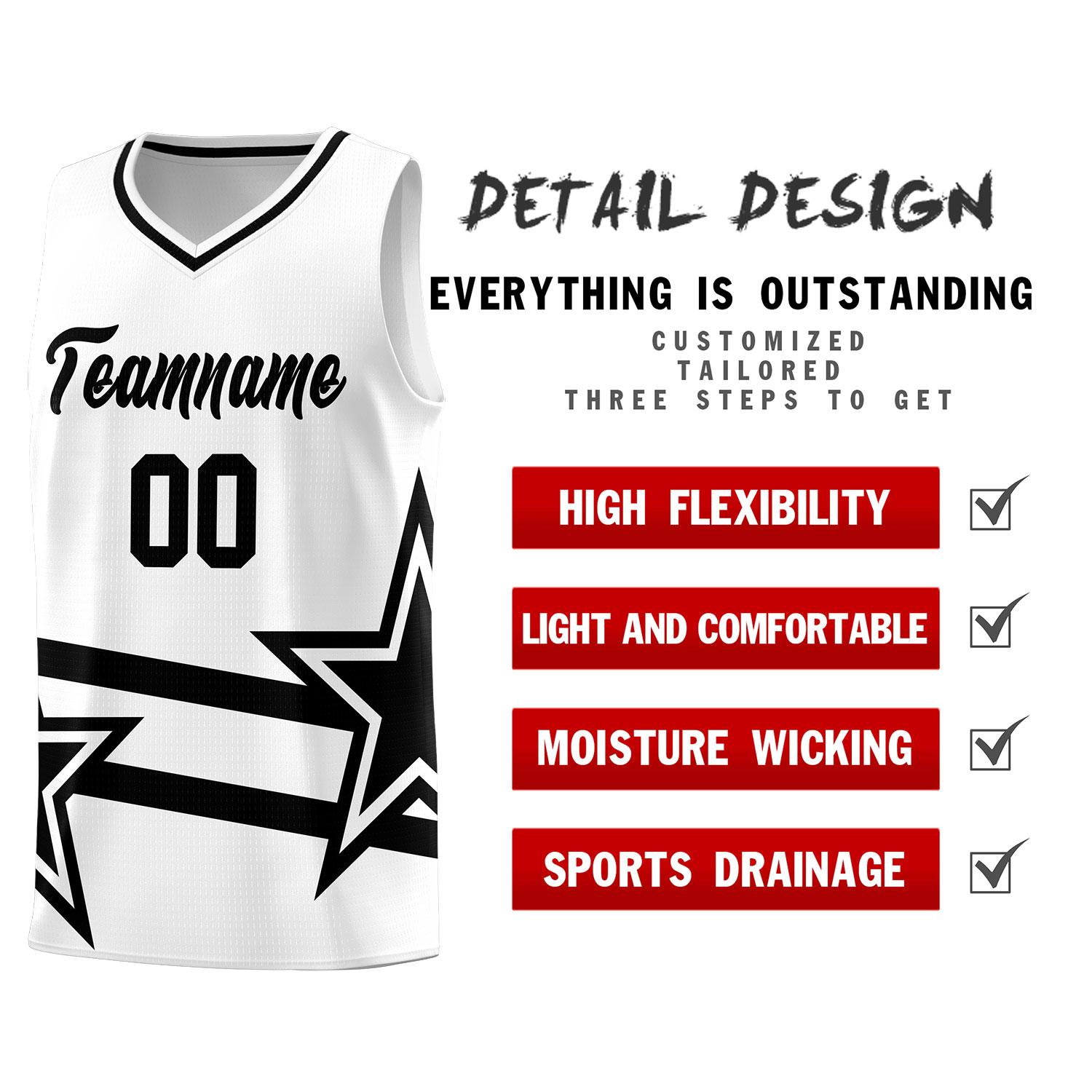 Custom White Basketball Kits With Black Star Pattern And Double Lines