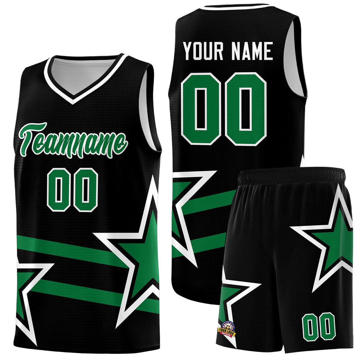 Custom Black Basketball Kits With Kelly Green Star Pattern And Double Lines