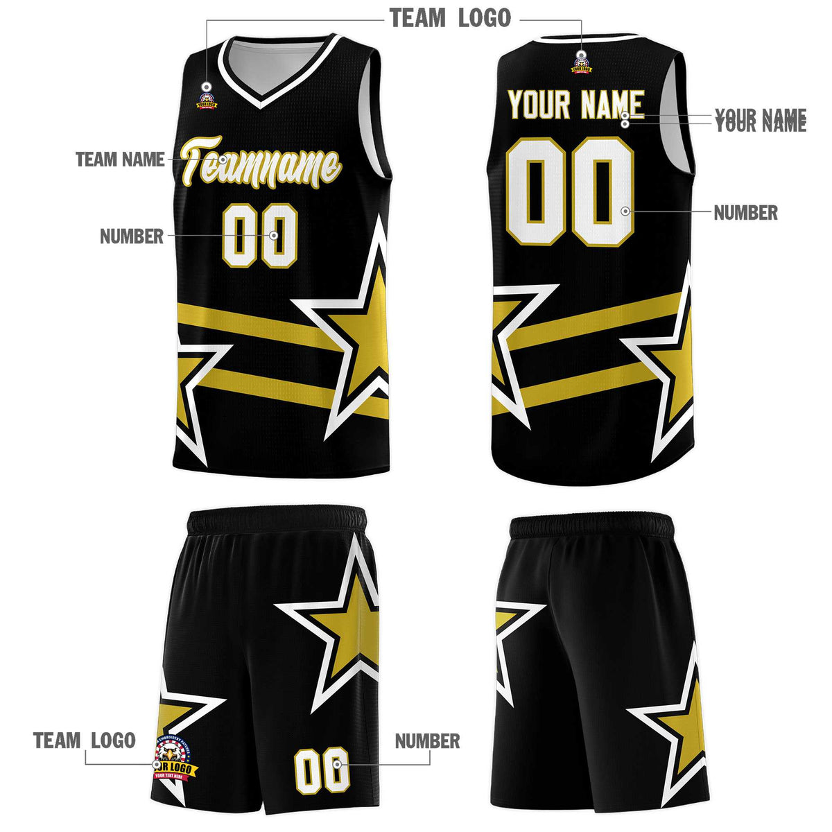 Custom Black Basketball Kits With Old Gold Star Pattern And Double Lines