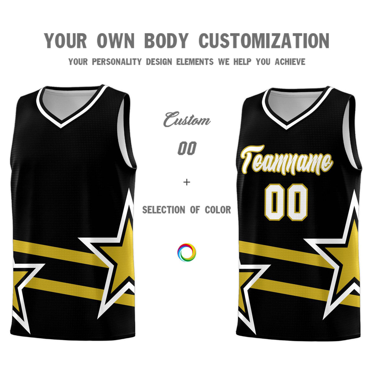 Custom Black Basketball Kits With Old Gold Star Pattern And Double Lines