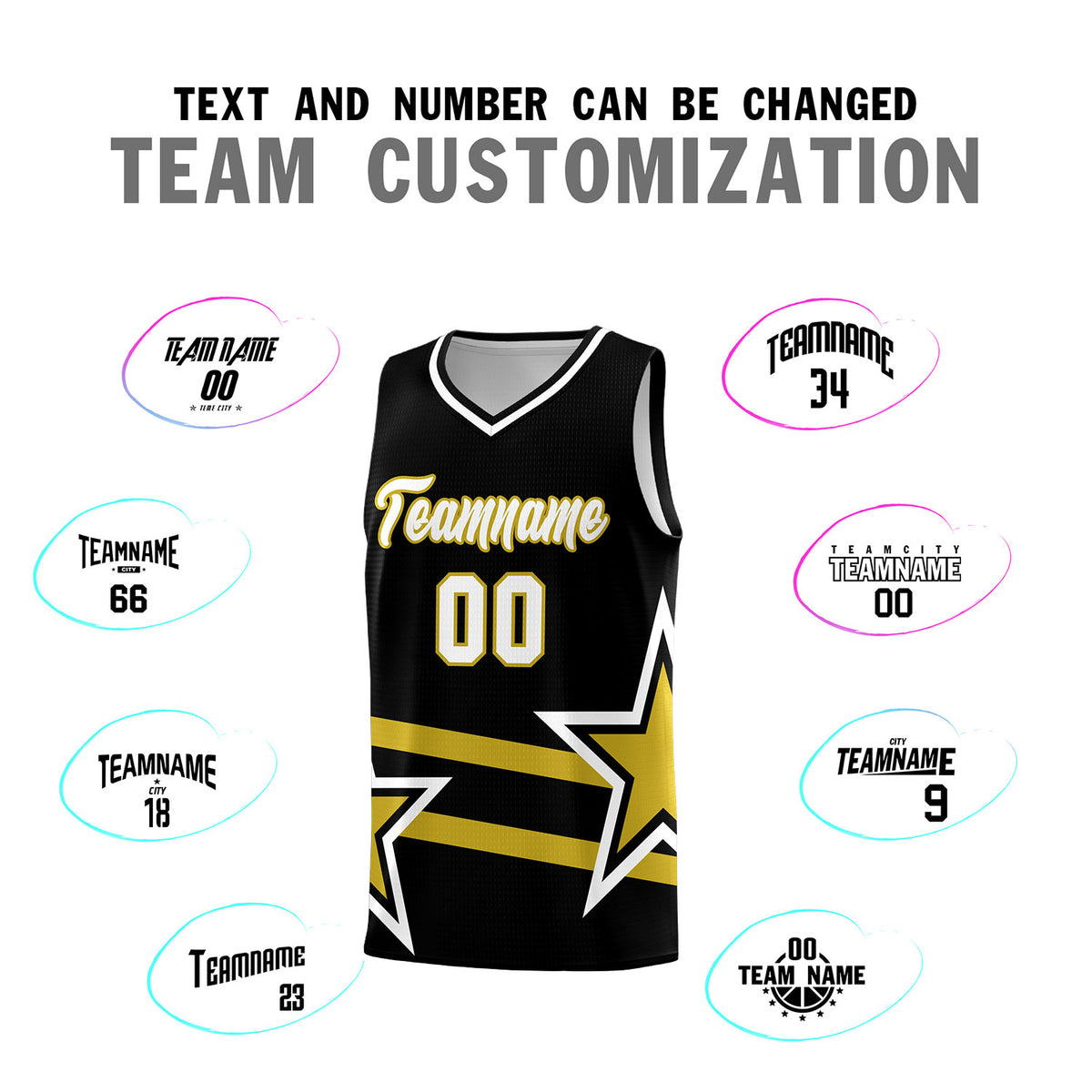 Custom Black Basketball Kits With Old Gold Star Pattern And Double Lines