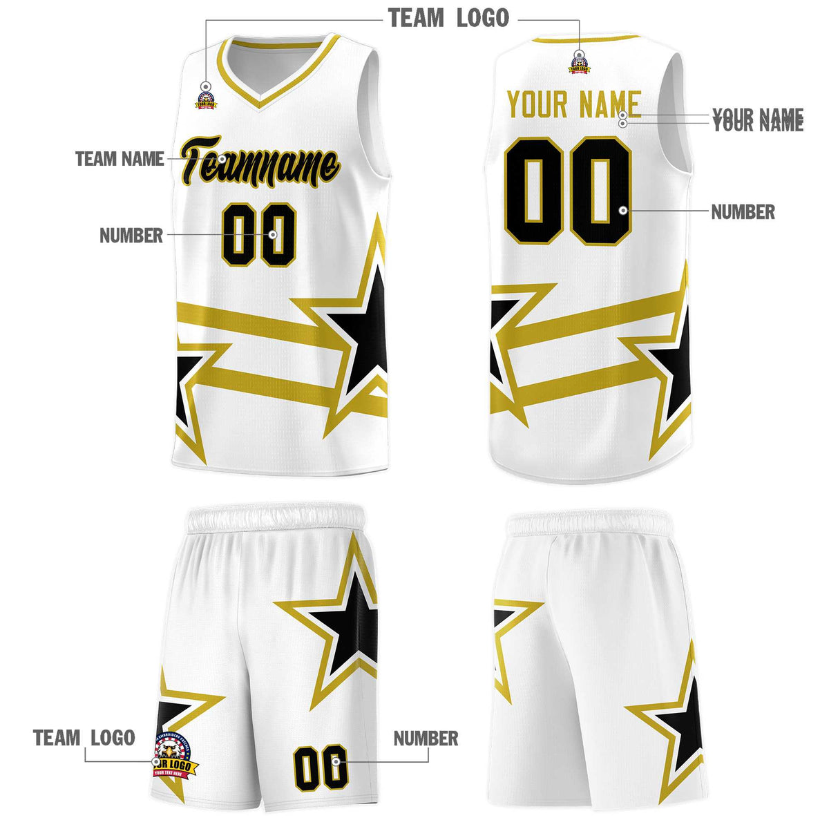 Custom White Basketball Kits With Old Gold Star Pattern And Double Lines