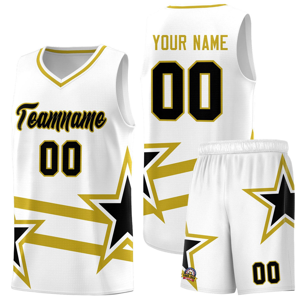 Custom White Basketball Kits With Old Gold Star Pattern And Double Lines