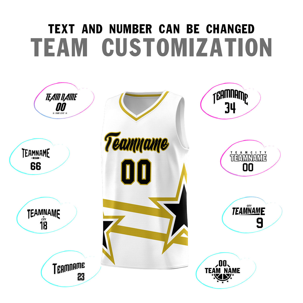 Custom White Basketball Kits With Old Gold Star Pattern And Double Lines