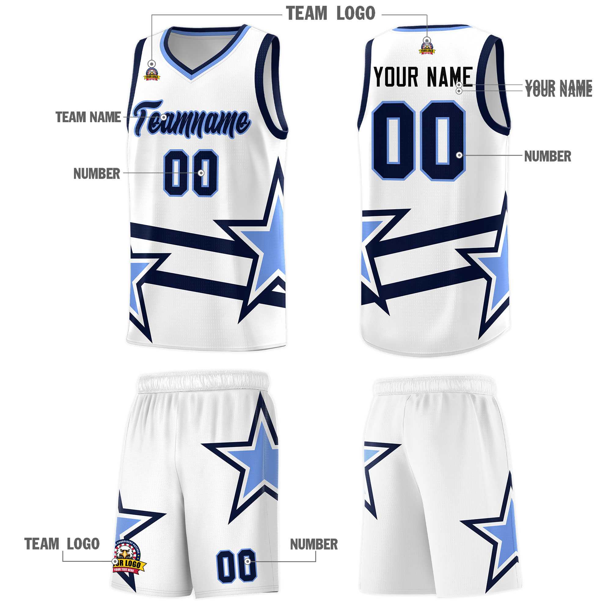 Custom White Basketball Kits With Light Blue Star Pattern And Double Lines