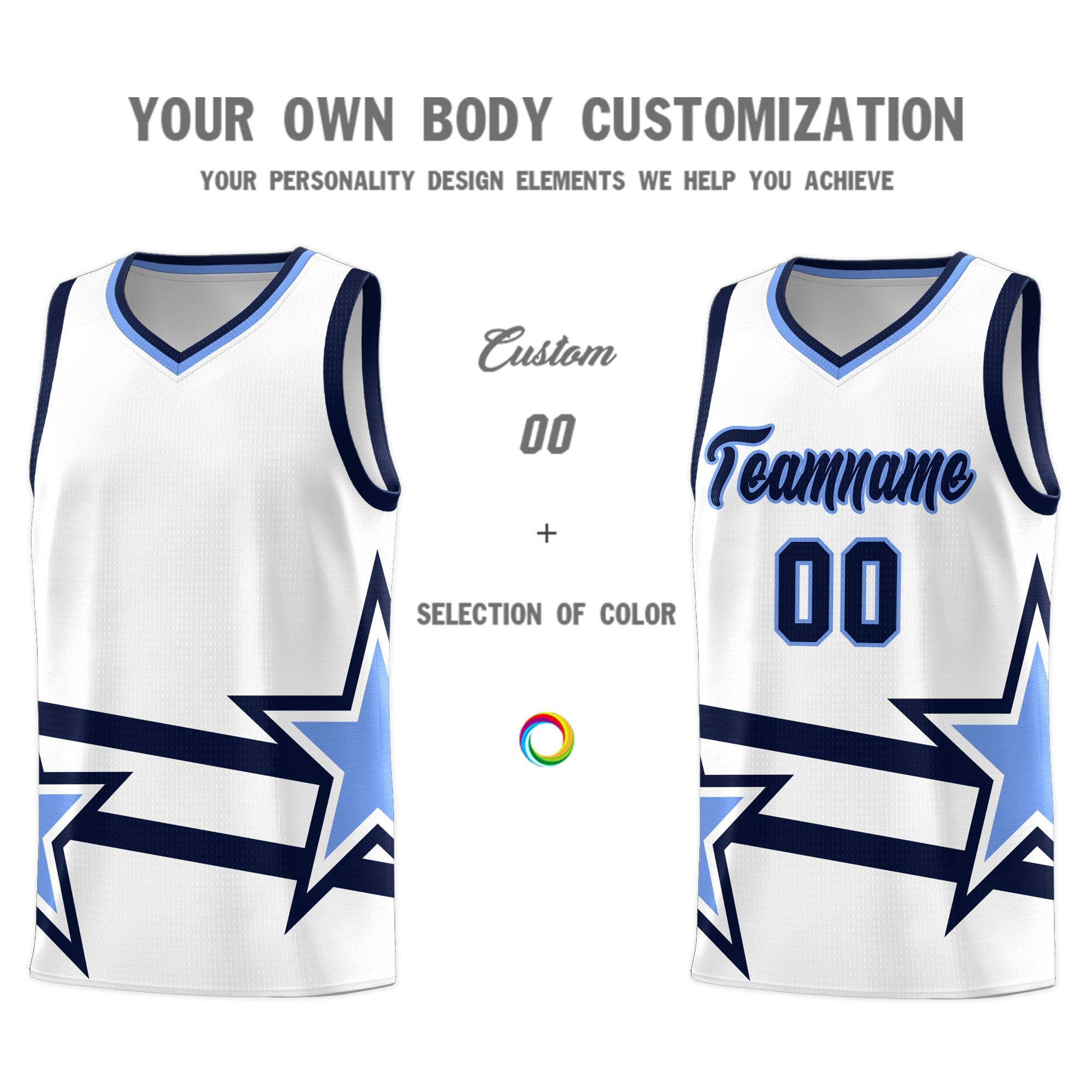 Custom White Basketball Kits With Light Blue Star Pattern And Double Lines