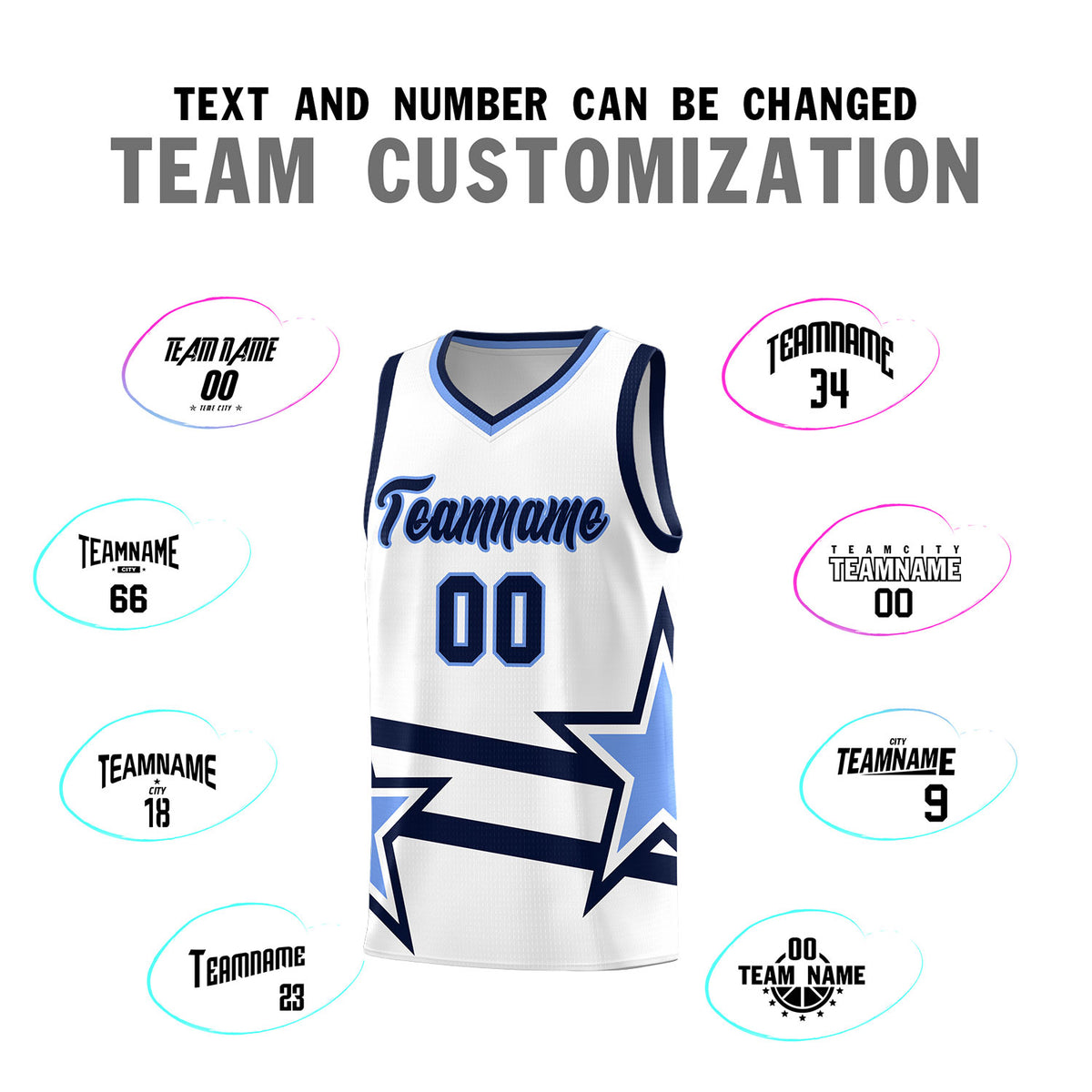 Custom White Basketball Kits With Light Blue Star Pattern And Double Lines