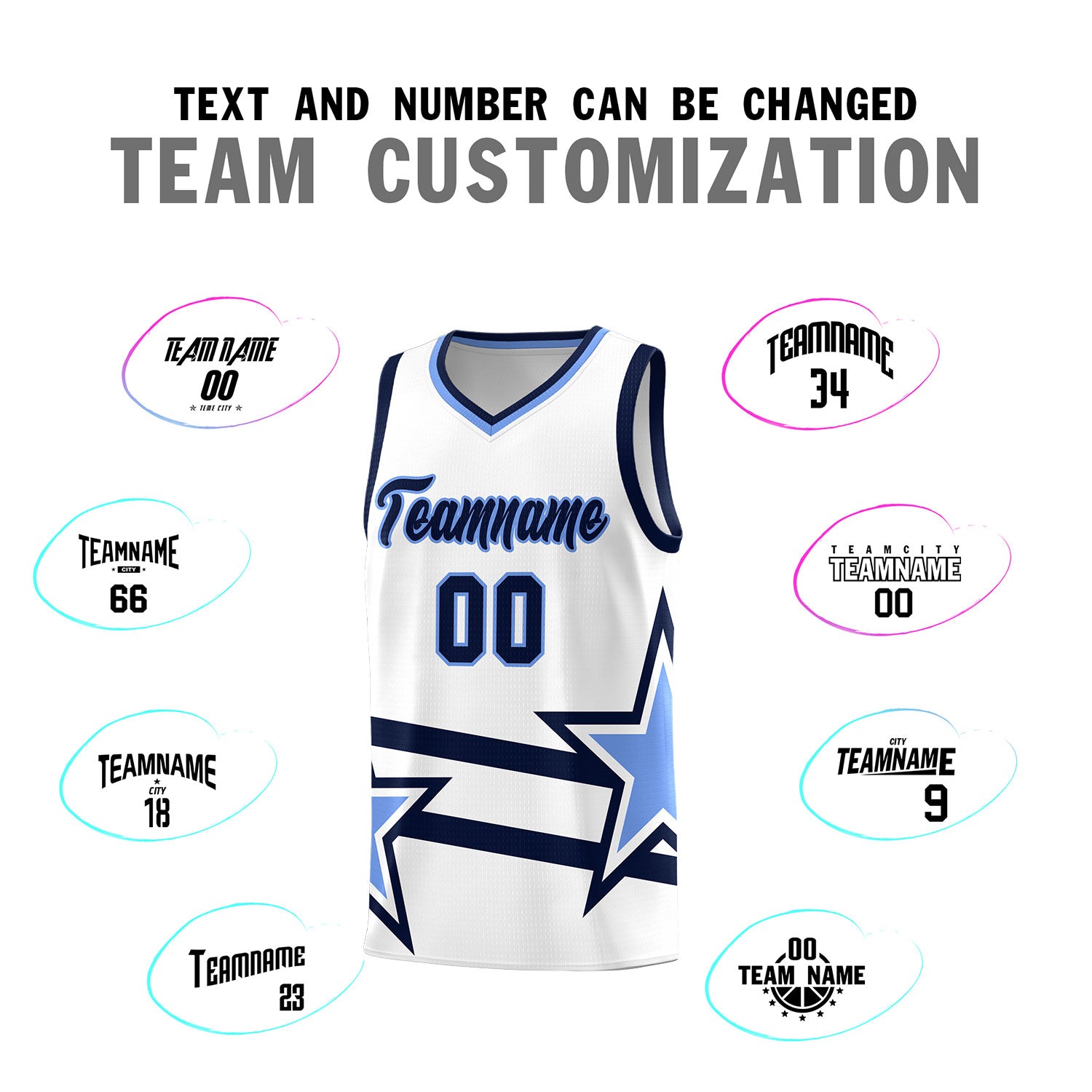 Custom White Basketball Kits With Light Blue Star Pattern And Double Lines