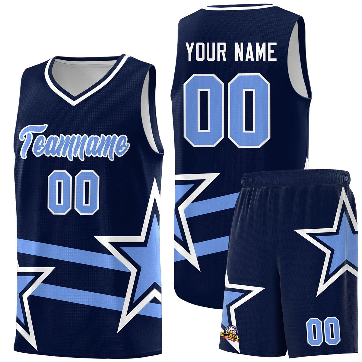 Custom Navy Basketball Kits With Light Blue Star Pattern And Double Lines
