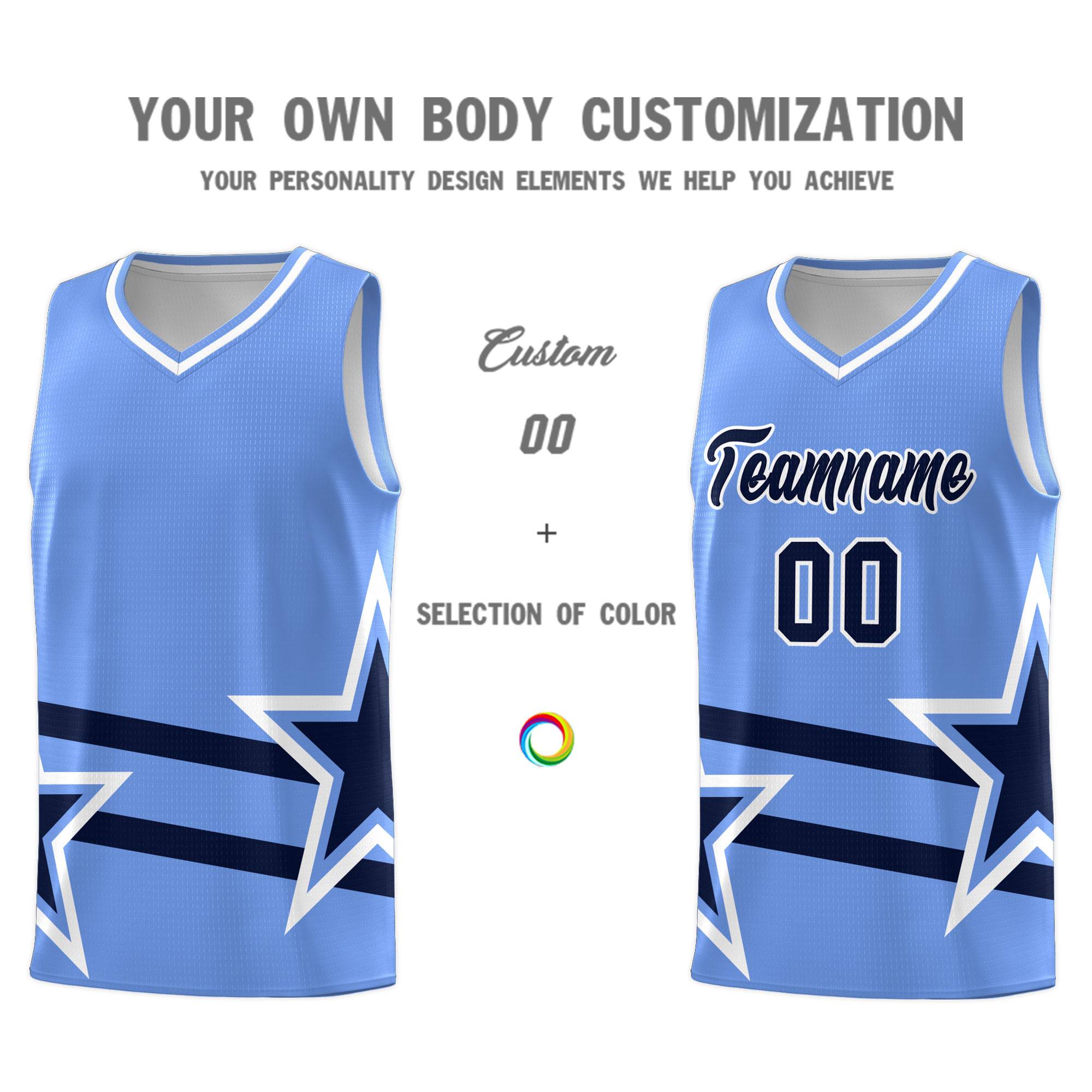 Custom Light Blue Basketball Kits With Navy Star Pattern And Double Lines