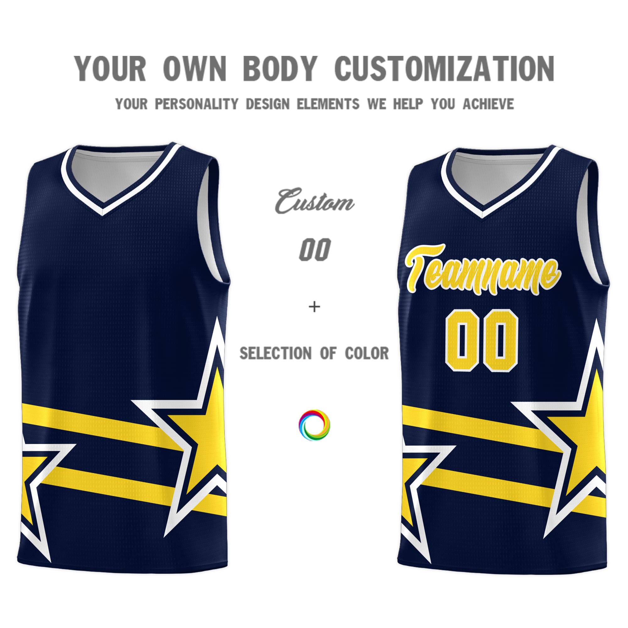 Custom Navy Basketball Kits With Gold Star Pattern And Double Lines