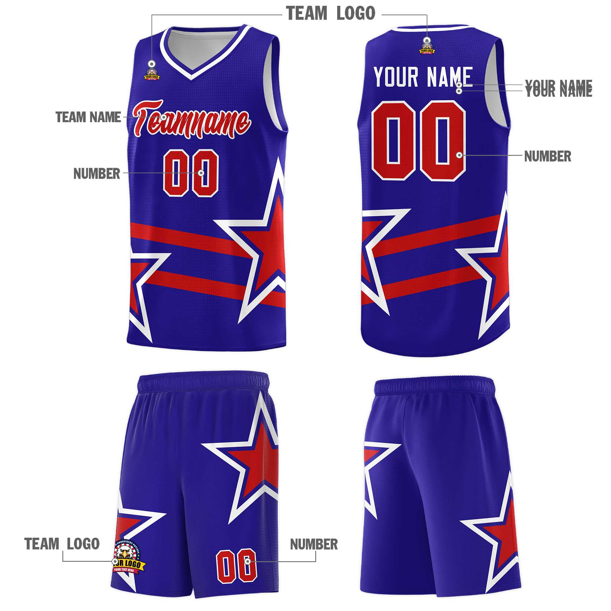 Custom Royal Basketball Kits With Red Star Pattern And Double Lines