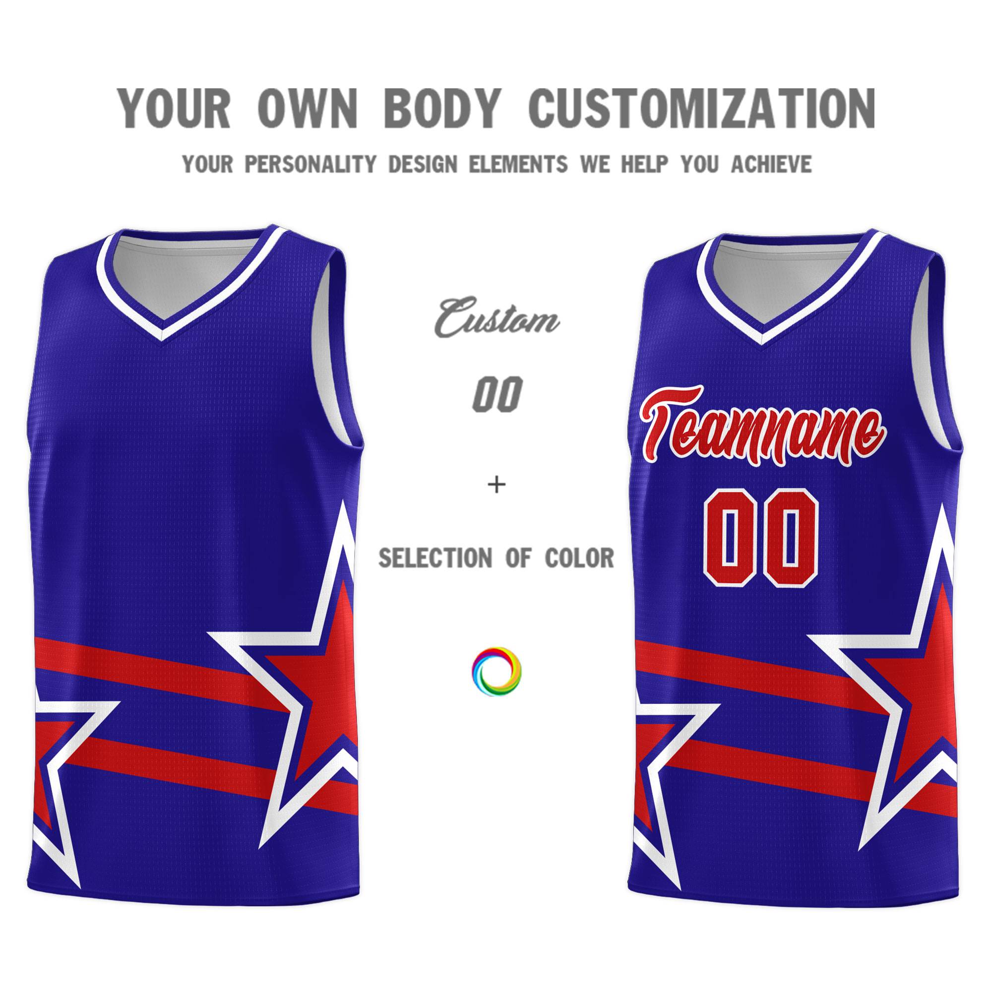 Custom Royal Basketball Kits With Red Star Pattern And Double Lines