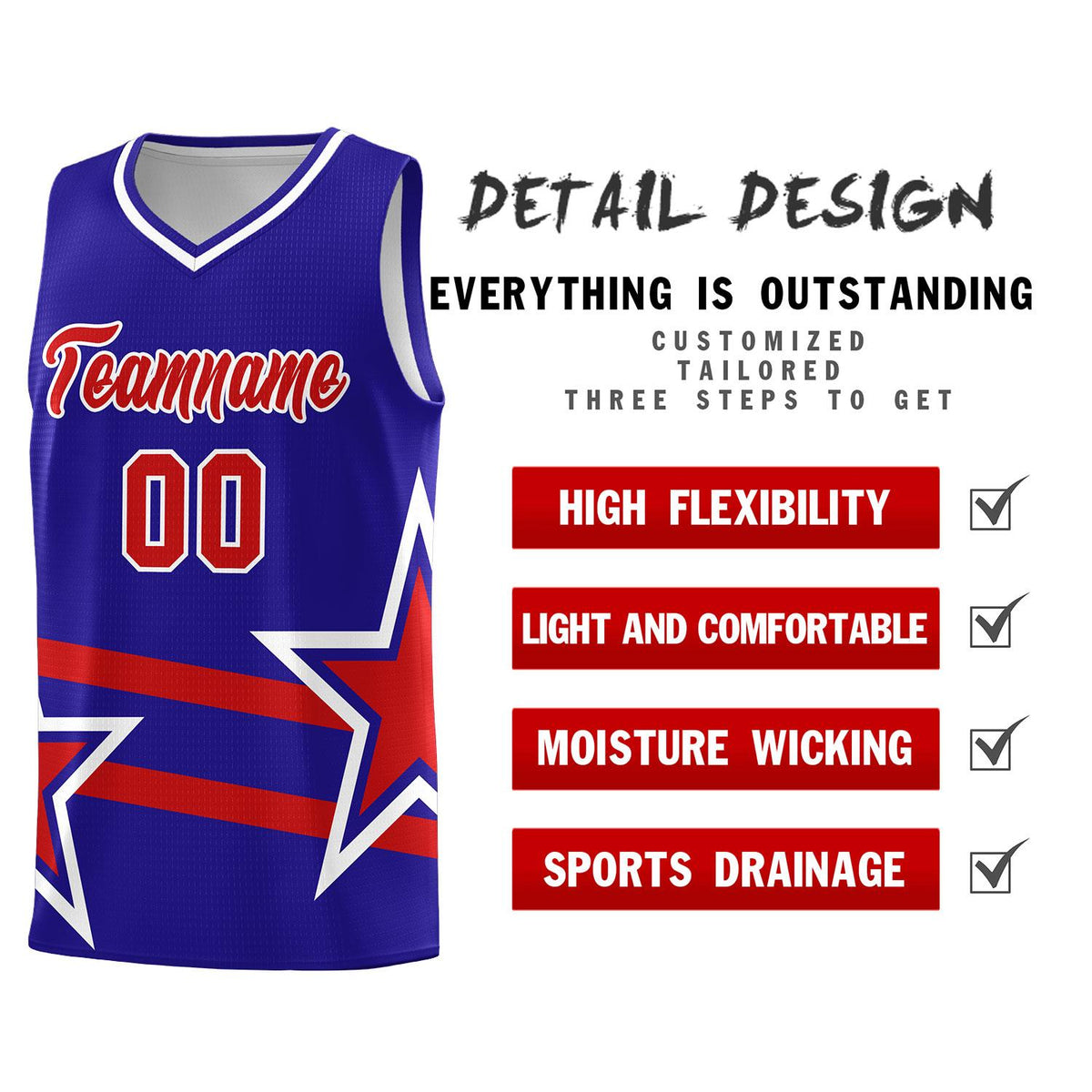 Custom Royal Basketball Kits With Red Star Pattern And Double Lines