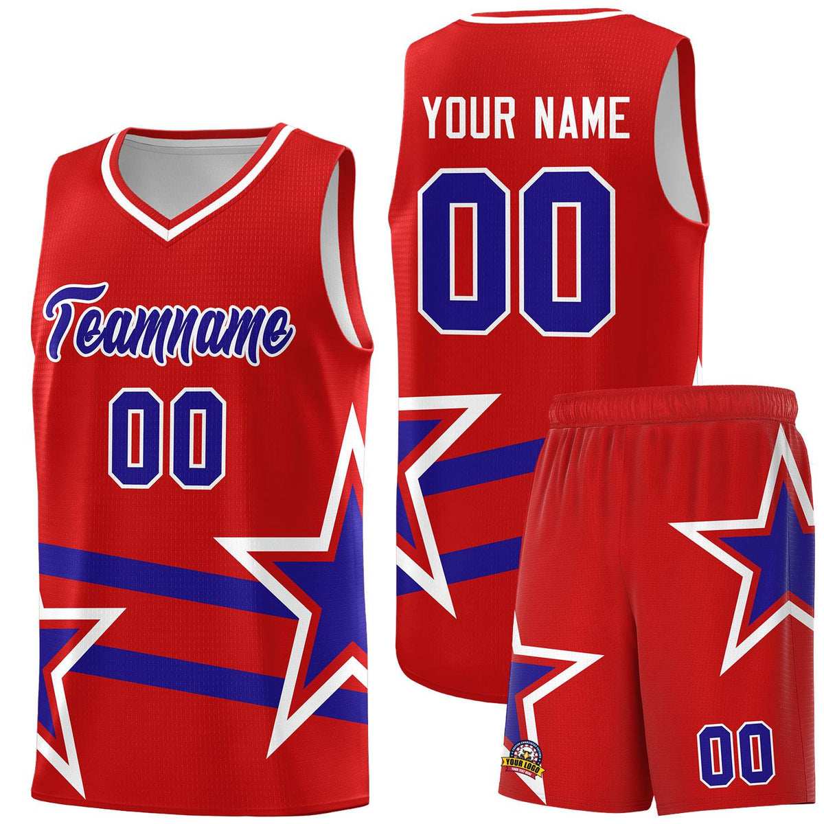 Custom Red Basketball Kits With Royal Star Pattern And Double Lines