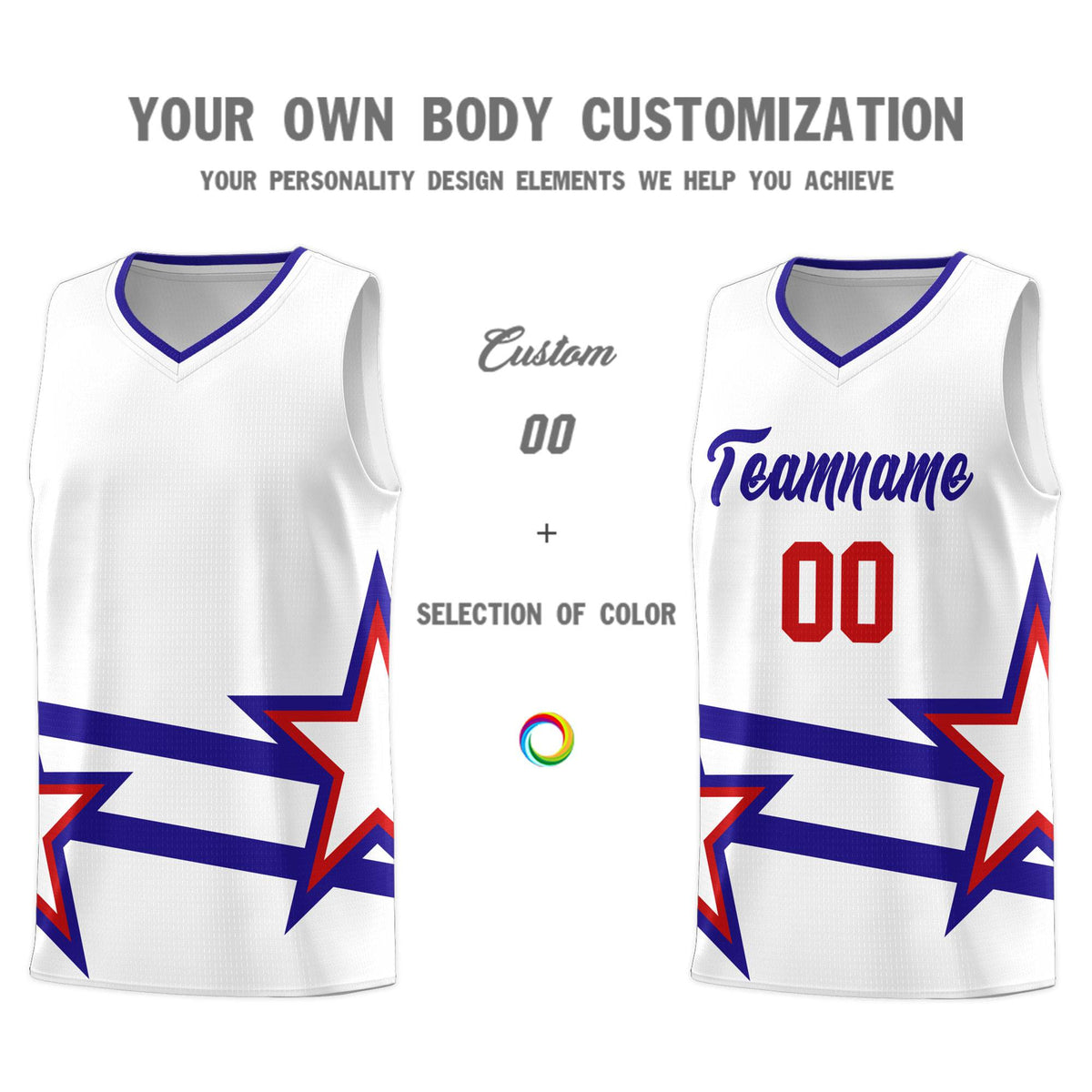 Custom Red Basketball Kits With Royal Star Pattern And Double Lines