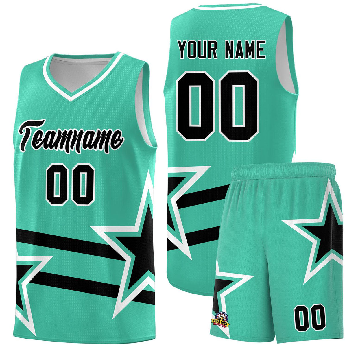 Custom Bright Green Basketball Kits With Black Star Pattern And Double Lines