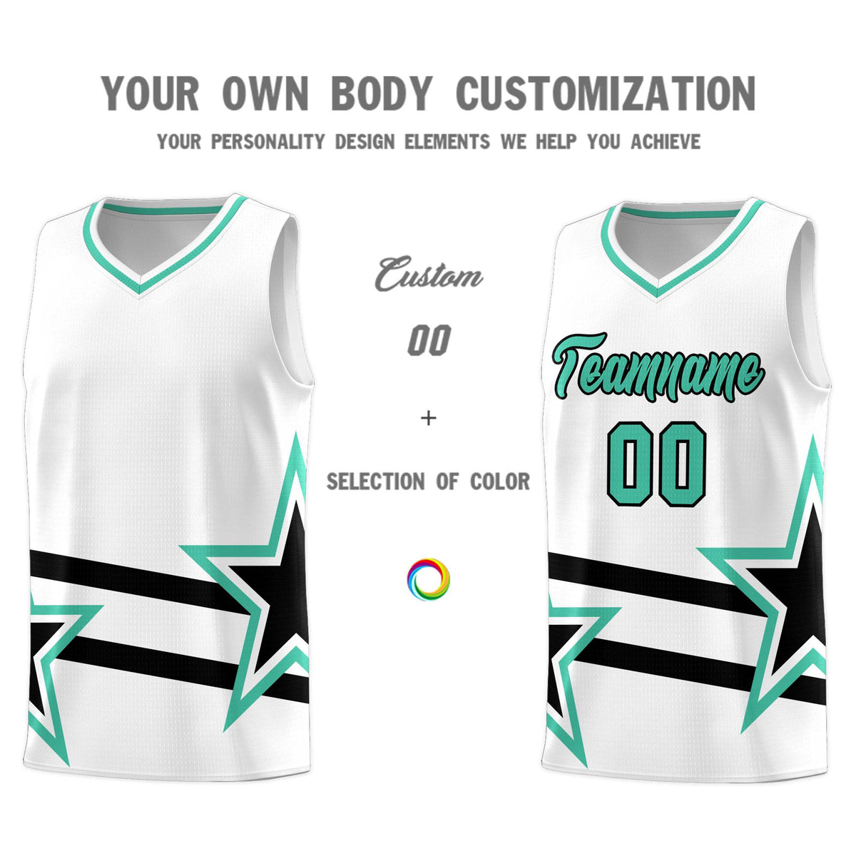 Custom White Basketball Kits With Bright Green Star Pattern And Double Lines