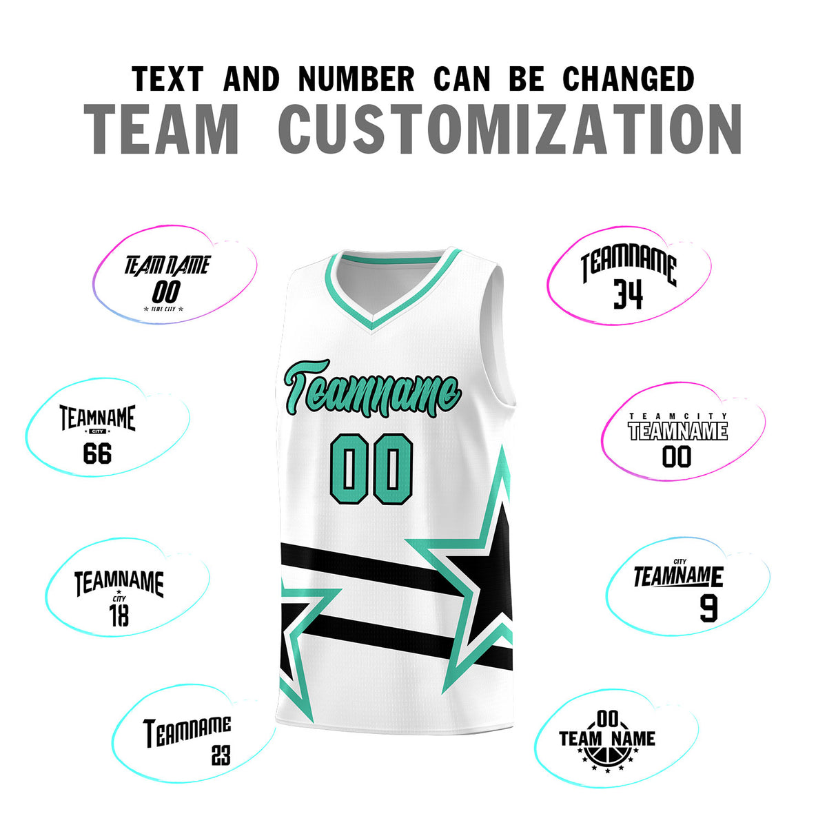 Custom White Basketball Kits With Bright Green Star Pattern And Double Lines
