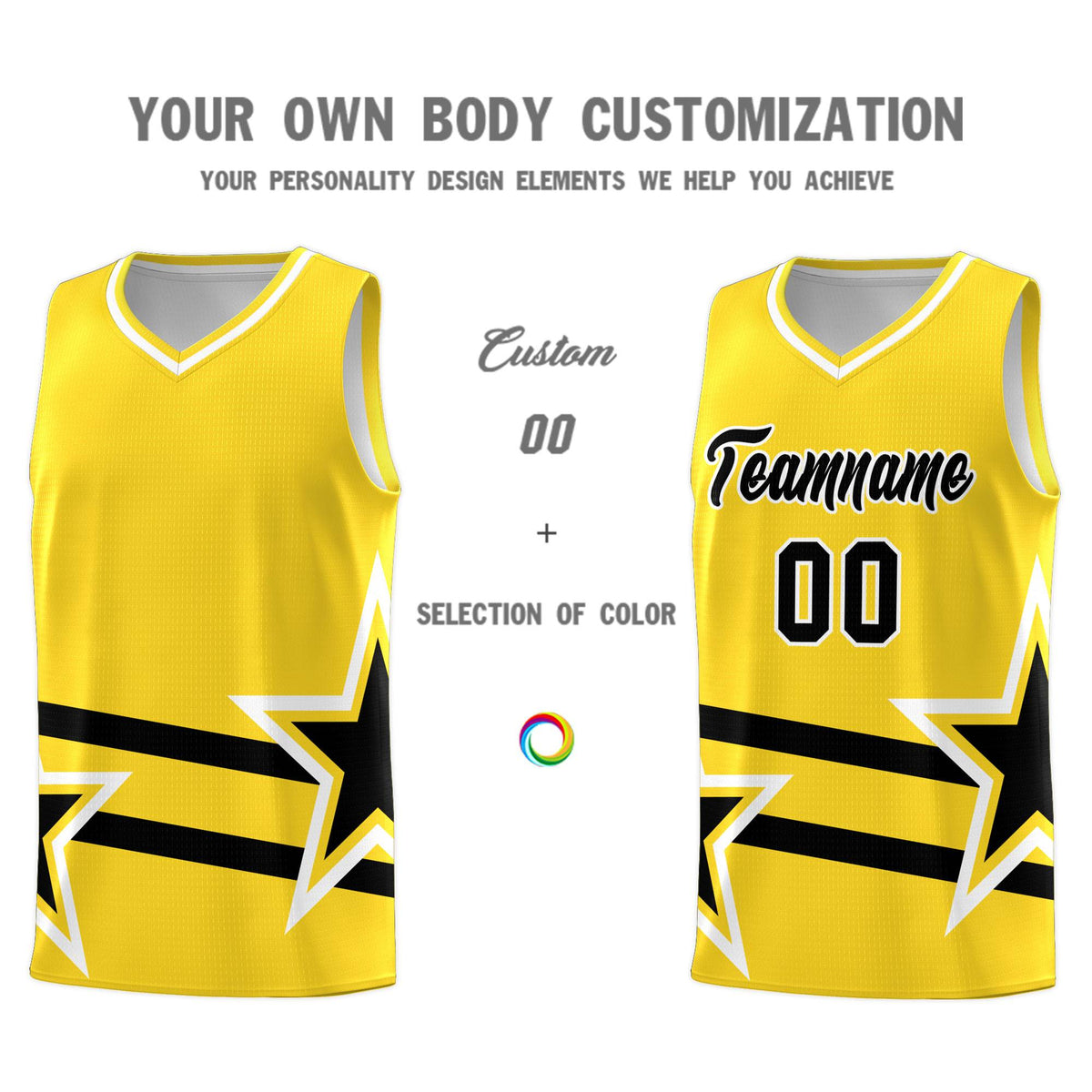 Custom Gold Basketball Kits With Black Star Pattern And Double Lines