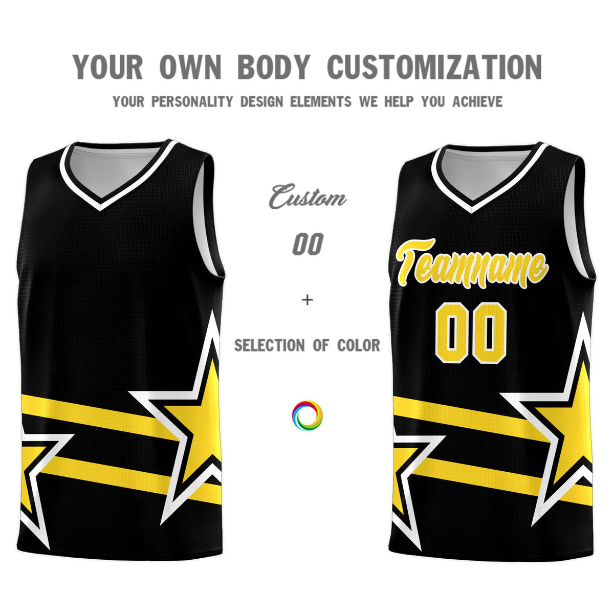 Custom Black Basketball Kits With Gold Star Pattern And Double Lines
