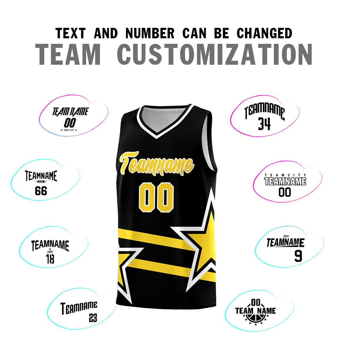 Custom Black Basketball Kits With Gold Star Pattern And Double Lines