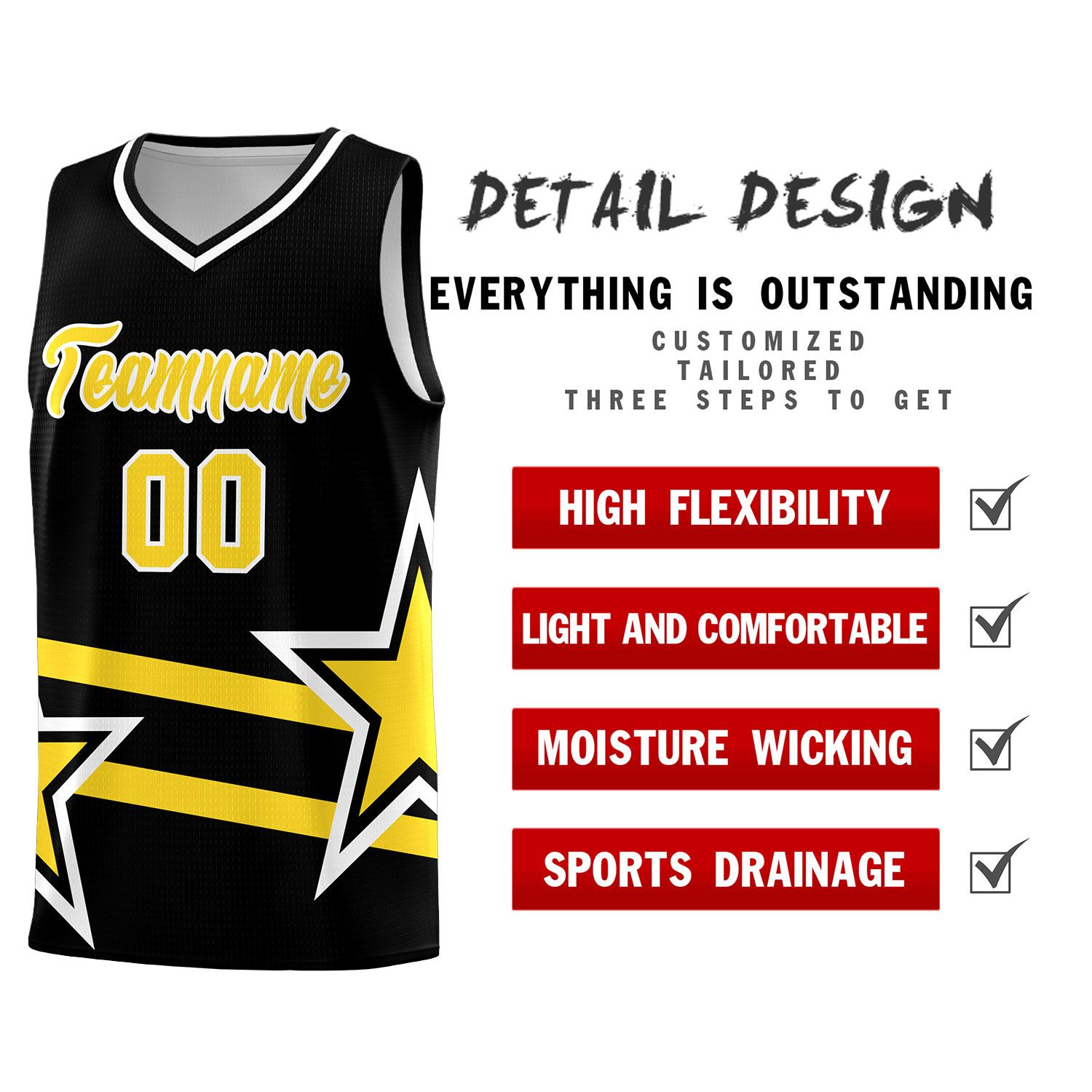 Custom Black Basketball Kits With Gold Star Pattern And Double Lines