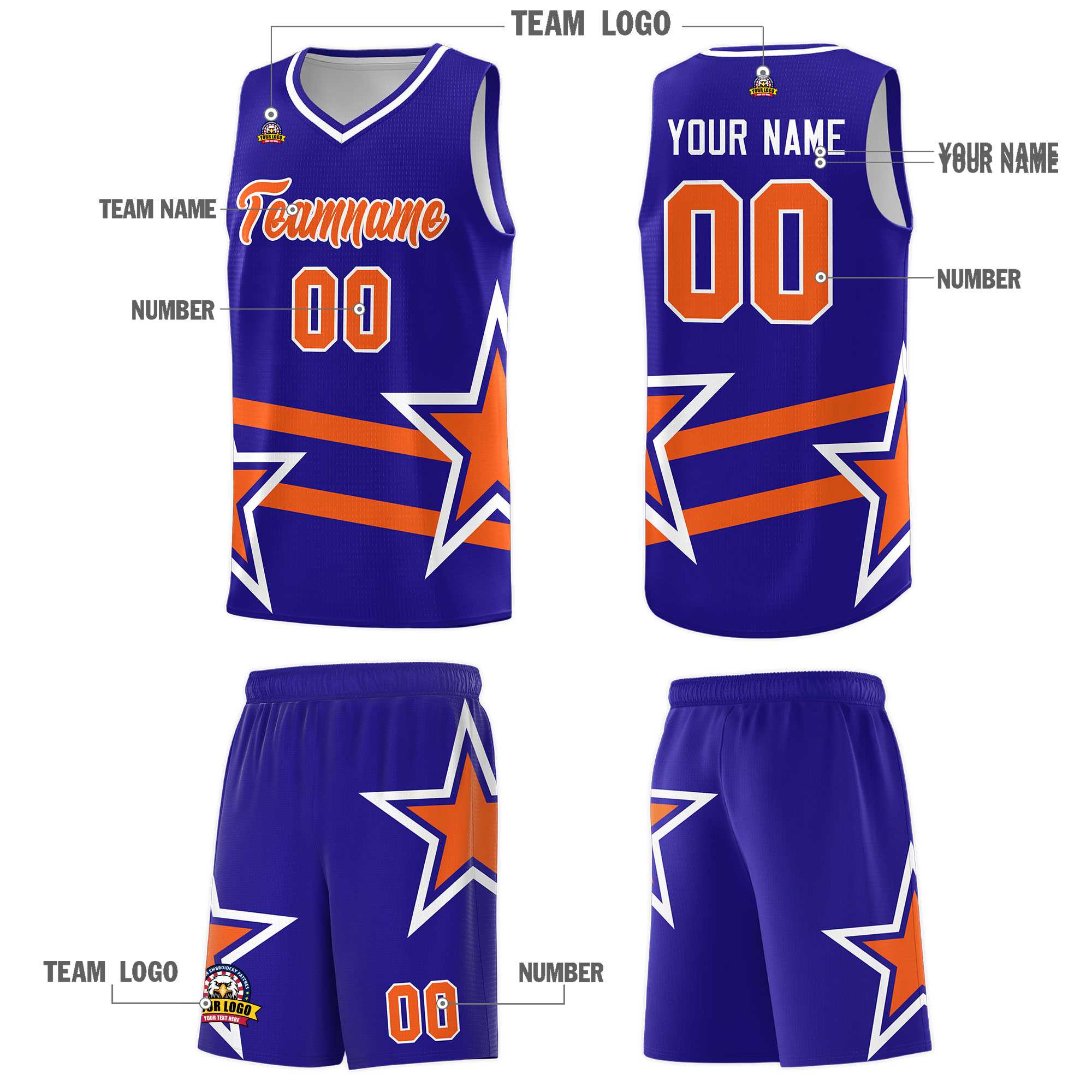 Custom Royal Basketball Kits With Orange Star Pattern And Double Lines