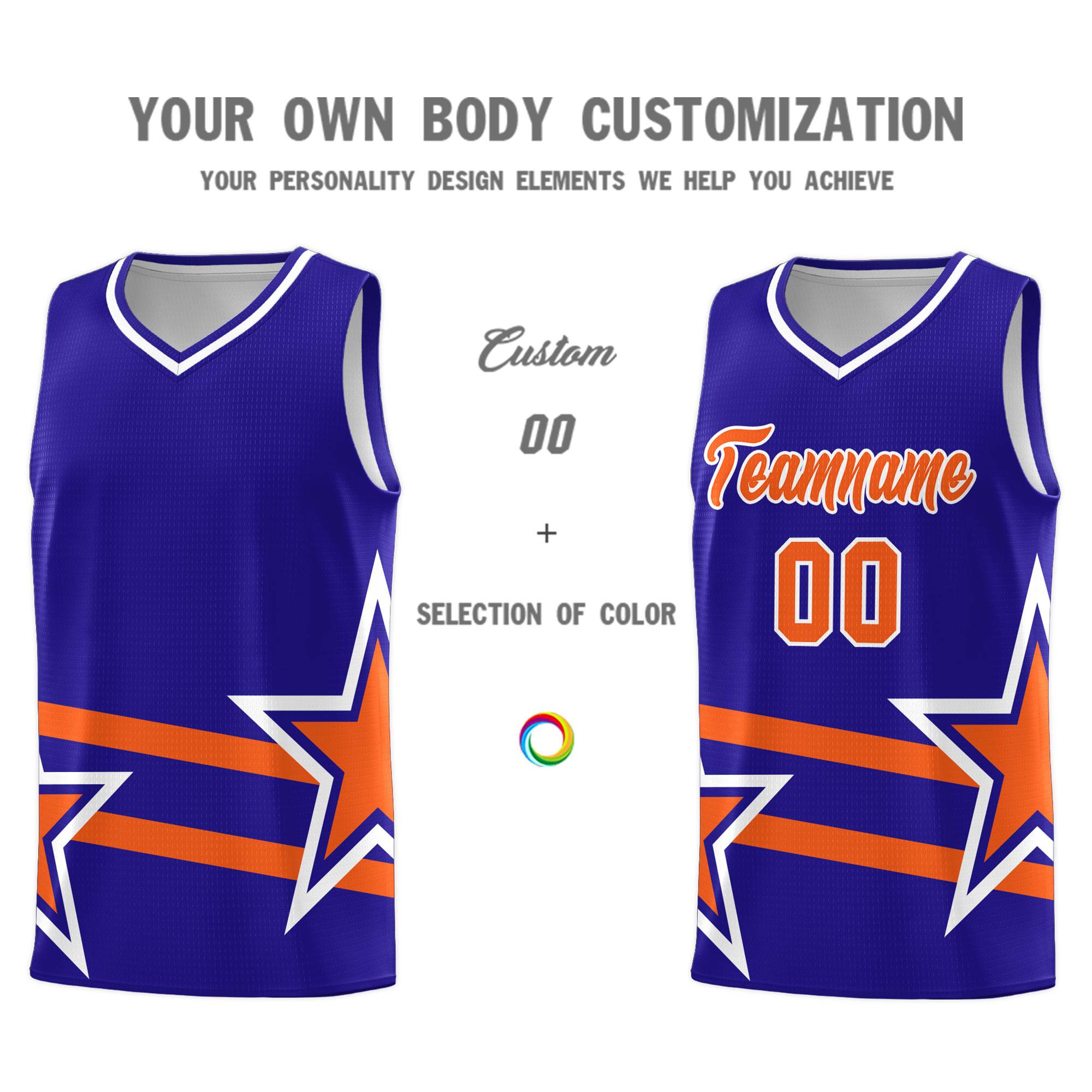 Custom Royal Basketball Kits With Orange Star Pattern And Double Lines