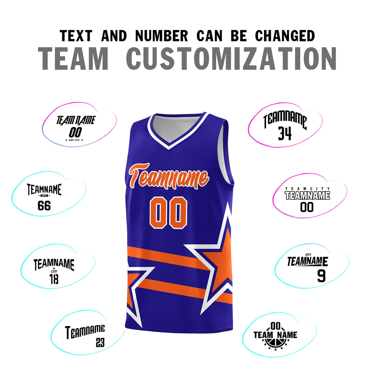 Custom Royal Basketball Kits With Orange Star Pattern And Double Lines