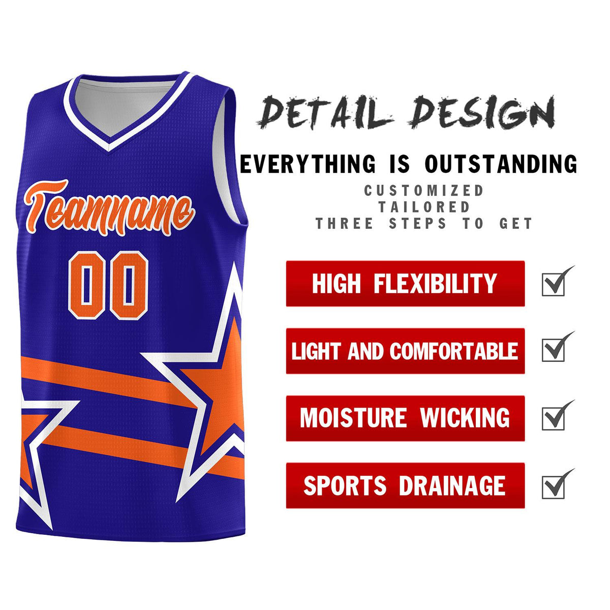 Custom Royal Basketball Kits With Orange Star Pattern And Double Lines