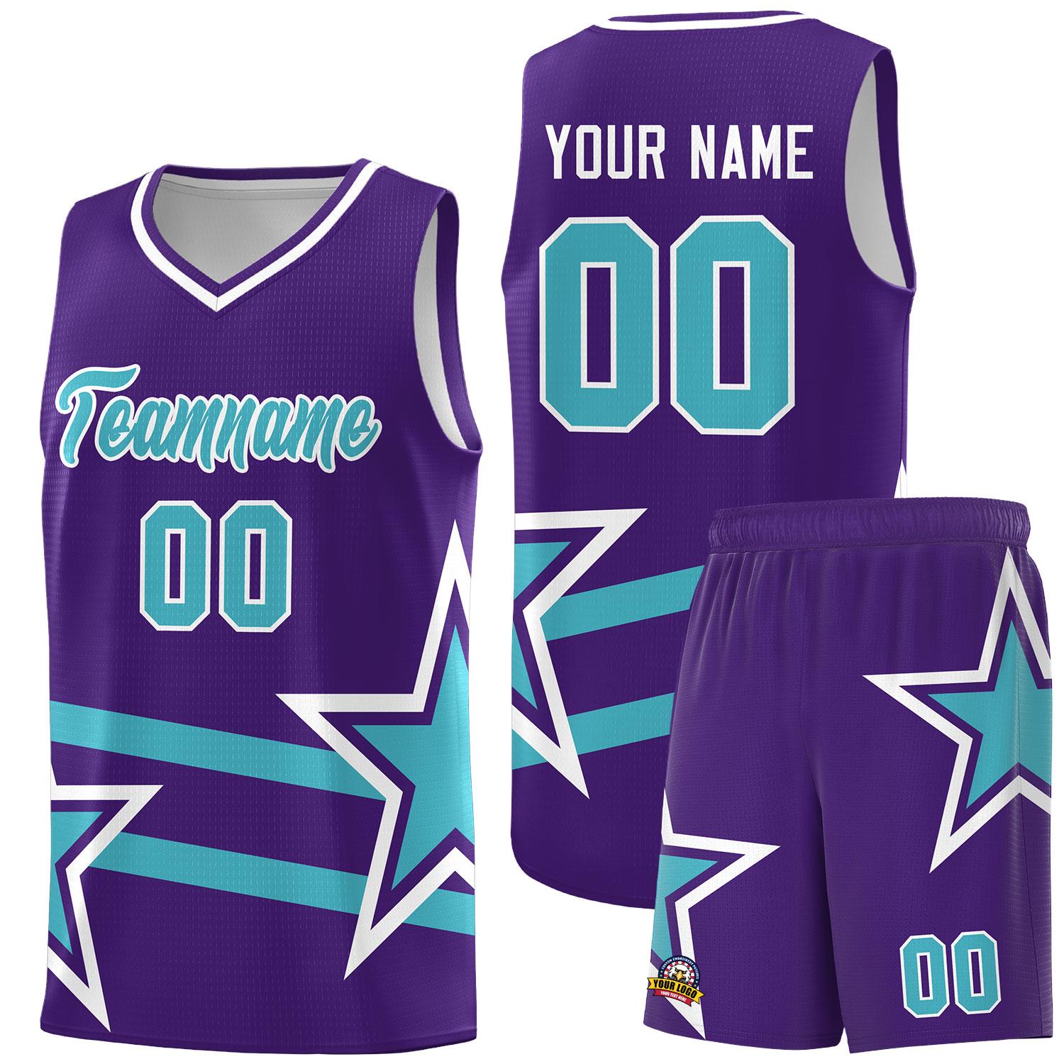 Custom Purple Basketball Kits With Sky Blue Star Pattern And Double Lines