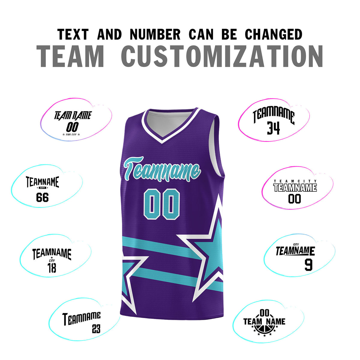 Custom Purple Basketball Kits With Sky Blue Star Pattern And Double Lines